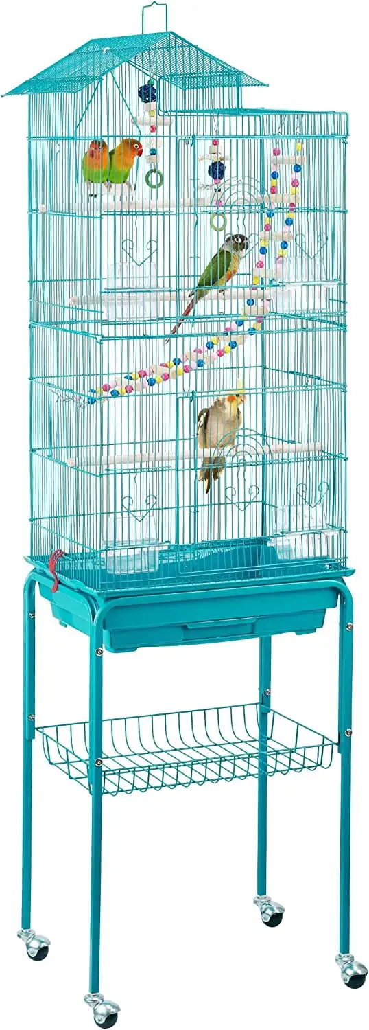 62.4inch Steel Roof Top Bird Cage Rolling Parrot Cage for Medium Small Birds Parakeets Canary Quaker Parrot with Stand