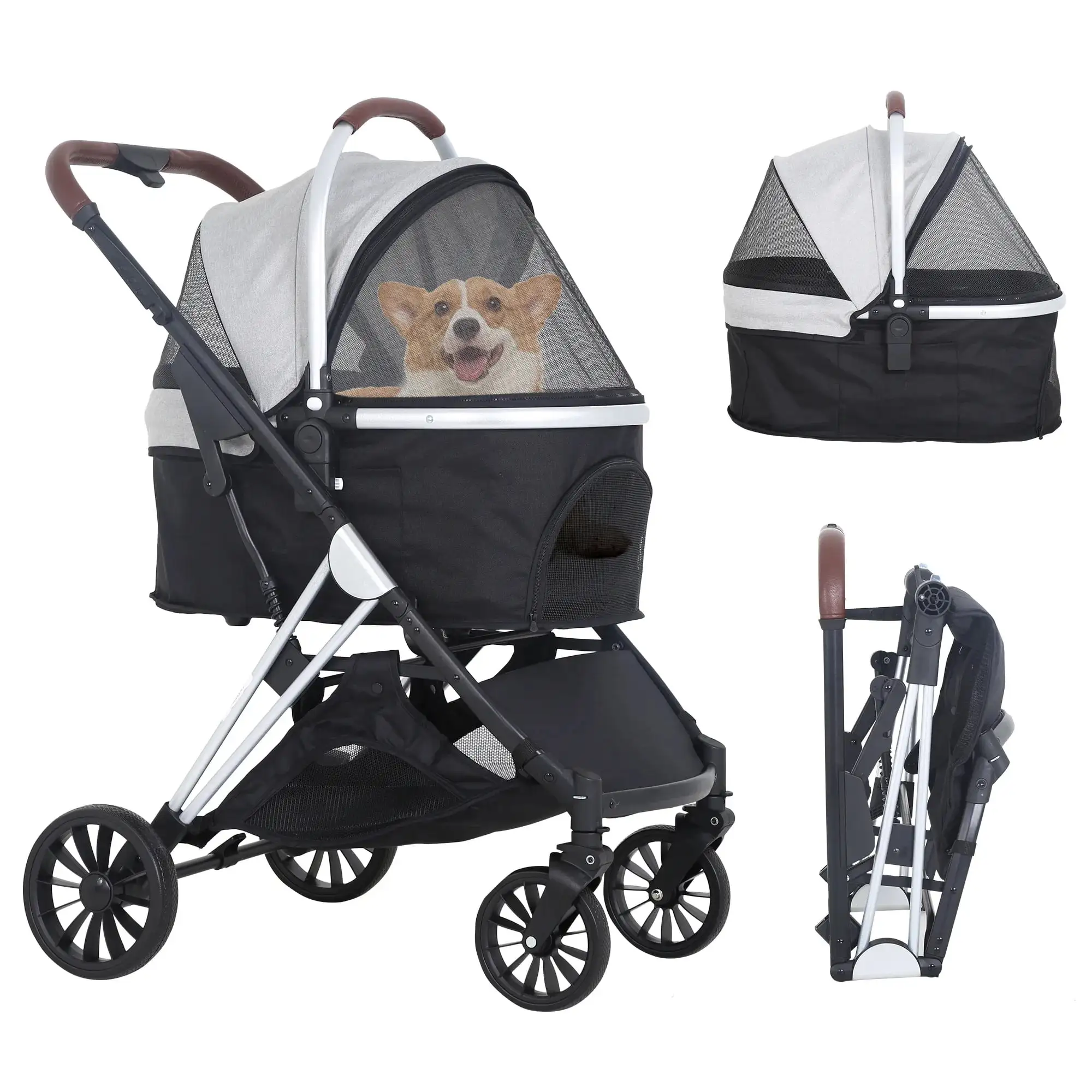 YRLLENSDAN Pet Stroller. Premium 3-in-1 Multi-function Foldable Dog Stroller w/ 4 wheels Traveling Strollers for Medium Small Dogs Cats Aluminium Frame. Grey