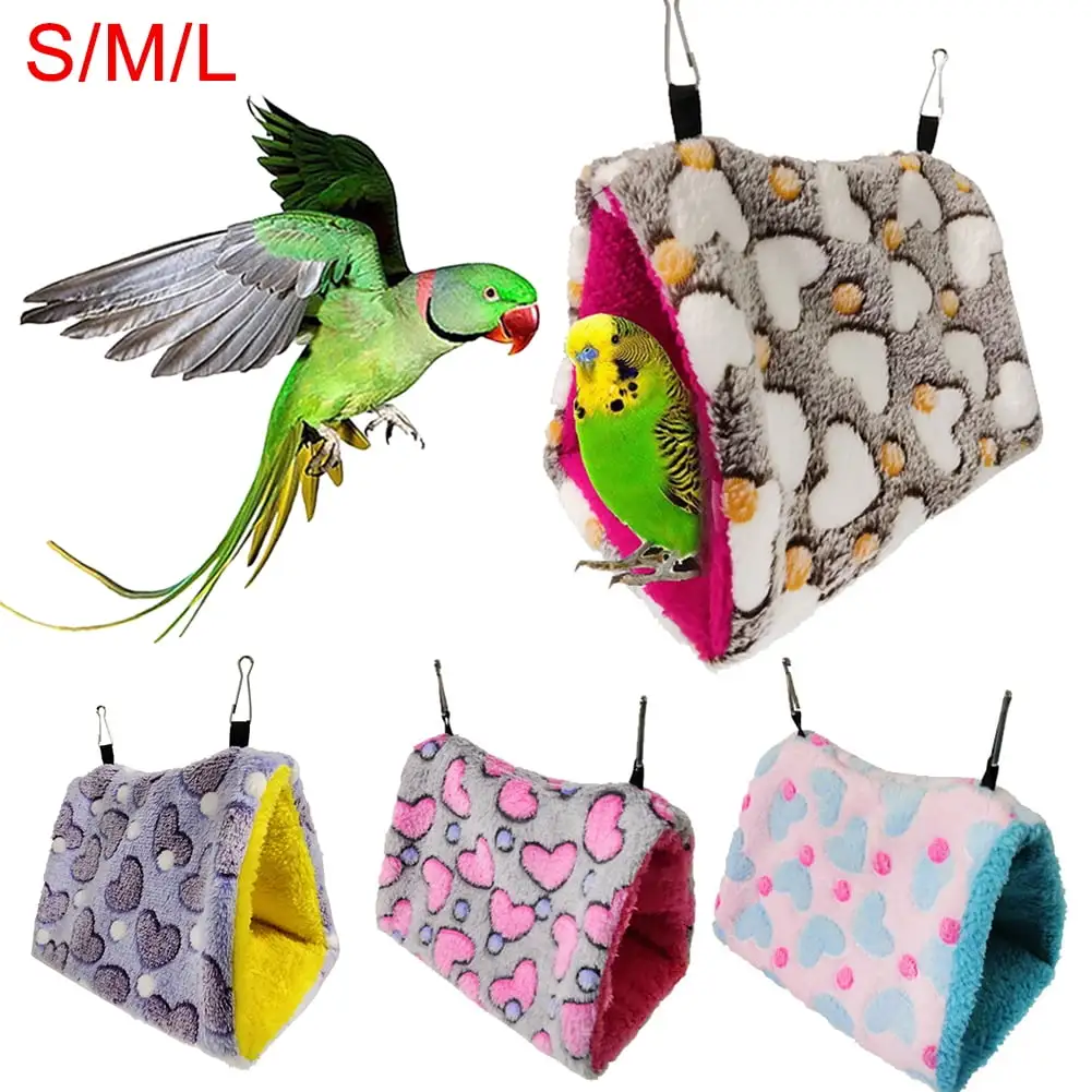 Visland Bird Hanging Hammock. Heart Print Alloy Buckle Soft Plush Flannel Winter Warm Sleep Bed Shed Hut Cage House Birds Hut Hideaway for Parakeets Conures Macaws Parrots Love Birds Finches