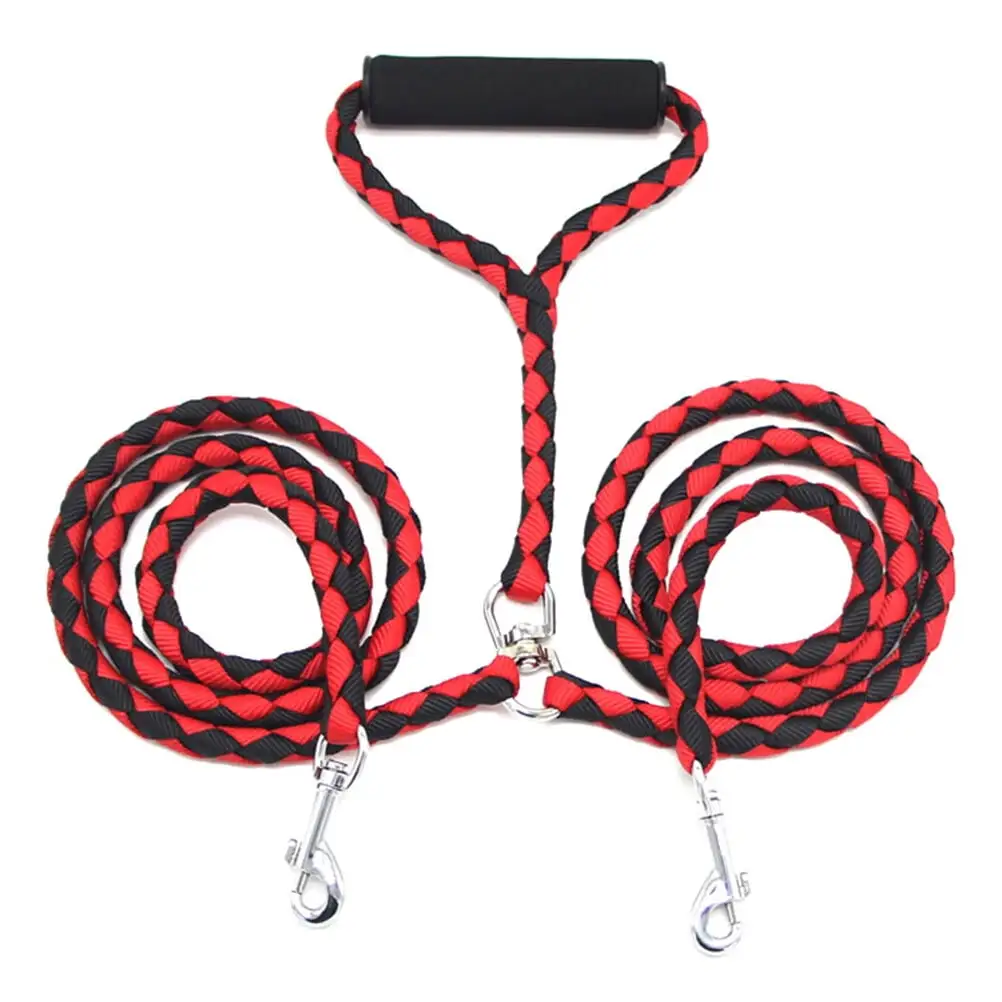 Dual Double Dog Leash No with Handle for Two Small/Medium Dogs (Red with Black)