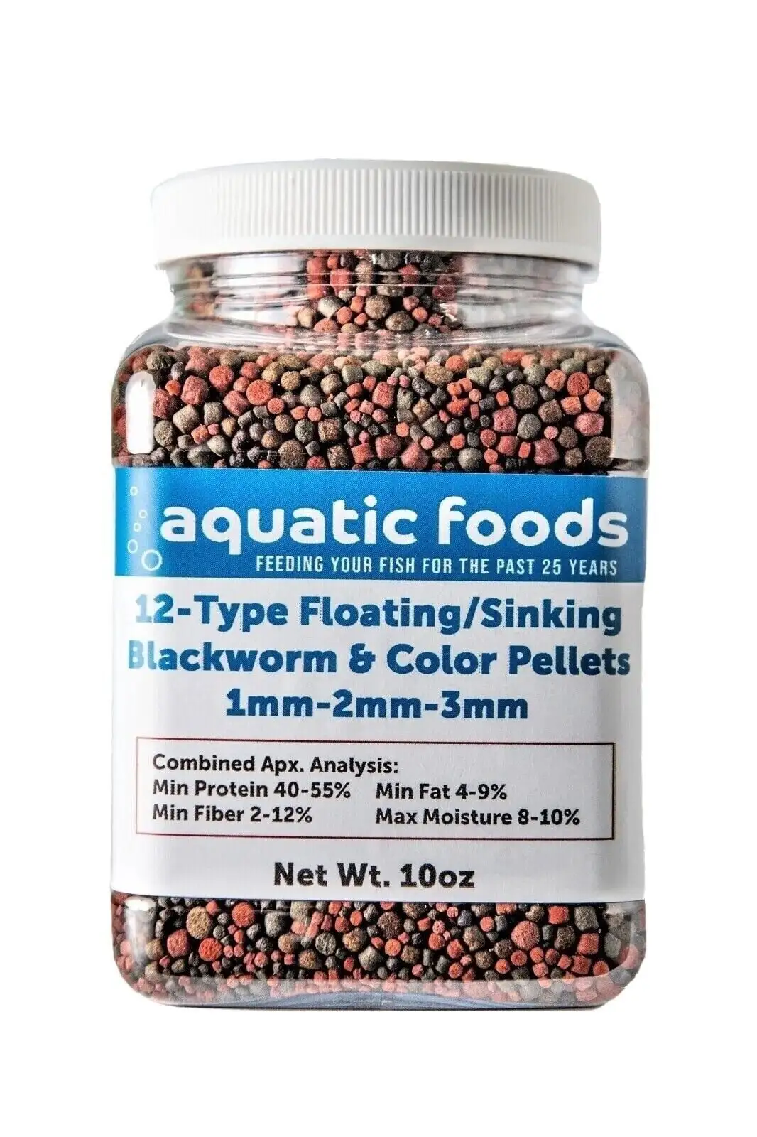 12-Type Floating & Sinking Blackworm & Intense Coloring 1mm. 2mm. 3mm Pellets for Discus. Cichlids. All Tropicals. Koi and Pond Fish...10oz Small Jar