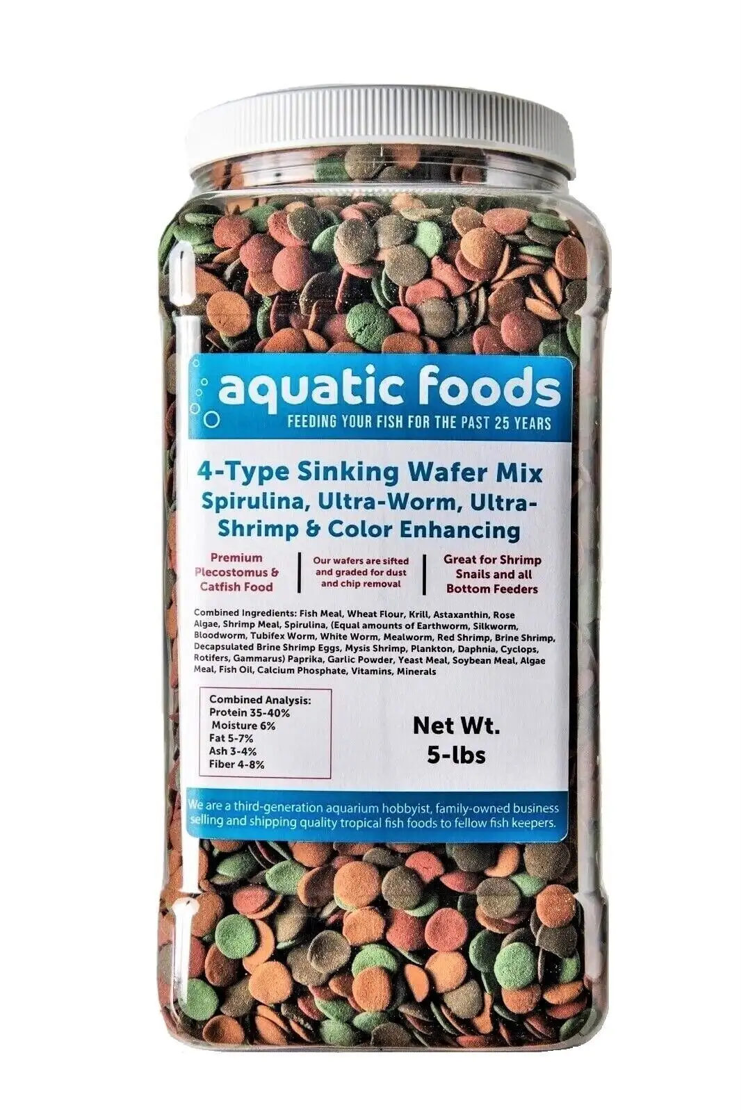 4-Type 1/2 Sinking Wafer Mix of Spirulina-Algae. Ultra-Worm. Ultra-Shrimp. Color Enhancing Wafers for Shrimp. Snails. Crabs. Crayfish. All Tropical Fish..5-lb Lg Jar