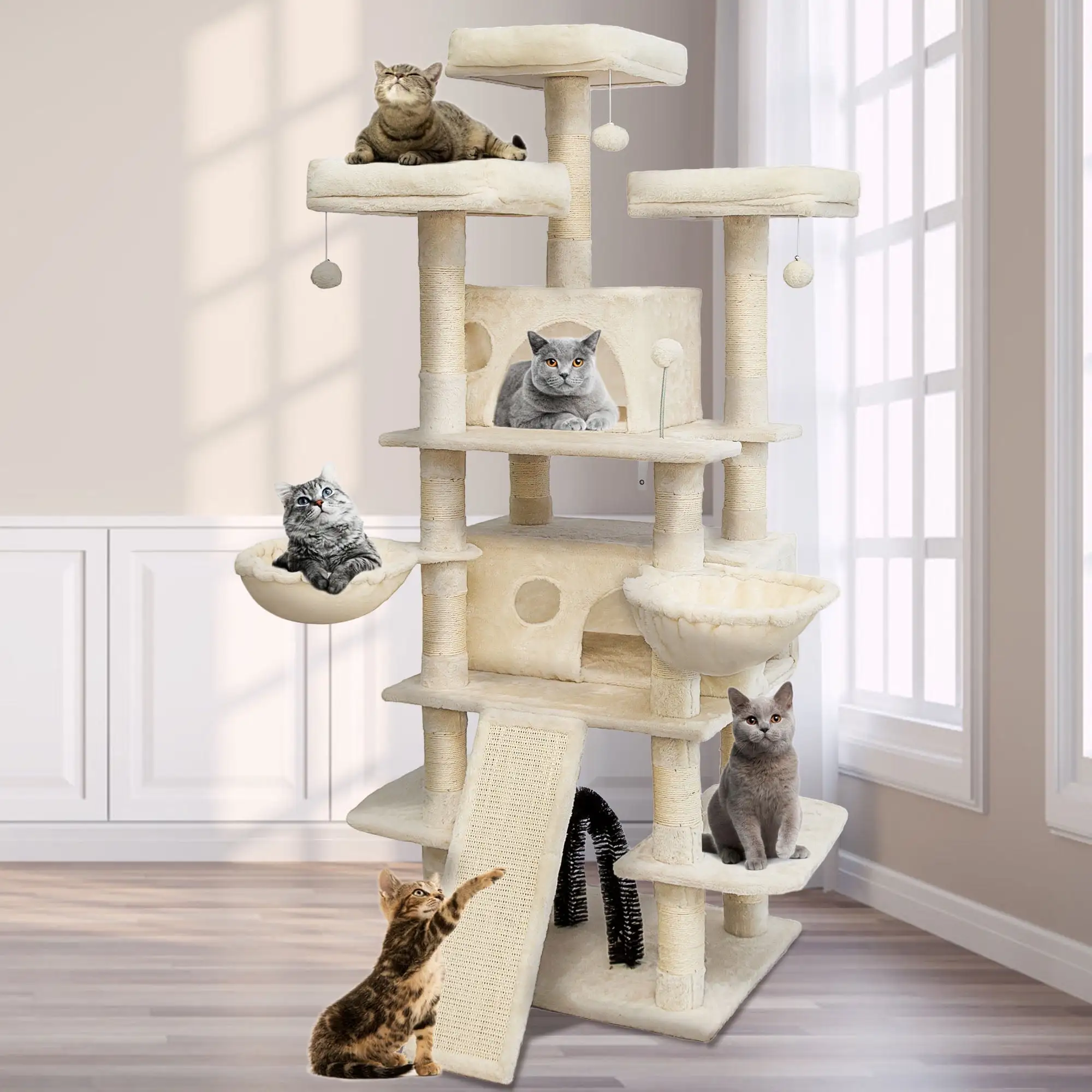 68 Inches Multi-Level Large Cat Tree . Tall Multi-Cats Tower with 2 Big Cat Condo &Cat Hair Brush . Large Cat Tree with 3 Padded Plush Perches & Scratching Posts for Kittens (Beige)