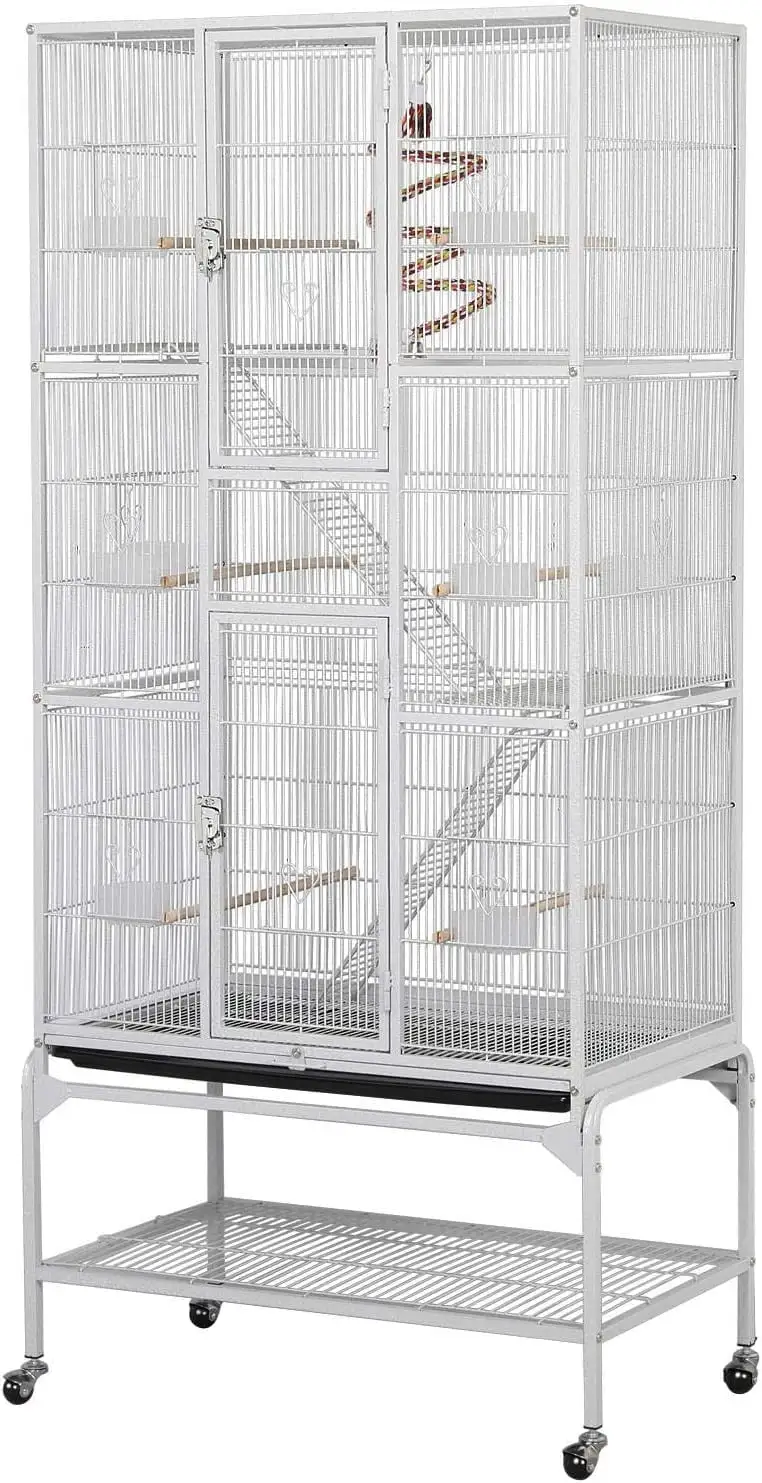 69'' Extra Large Bird Cage Metal Parrot Cage w/Detachable Stand for Mid-Sized Parrots Cockatiels Conures Parakeets Lovebirds Budgie Finch. White