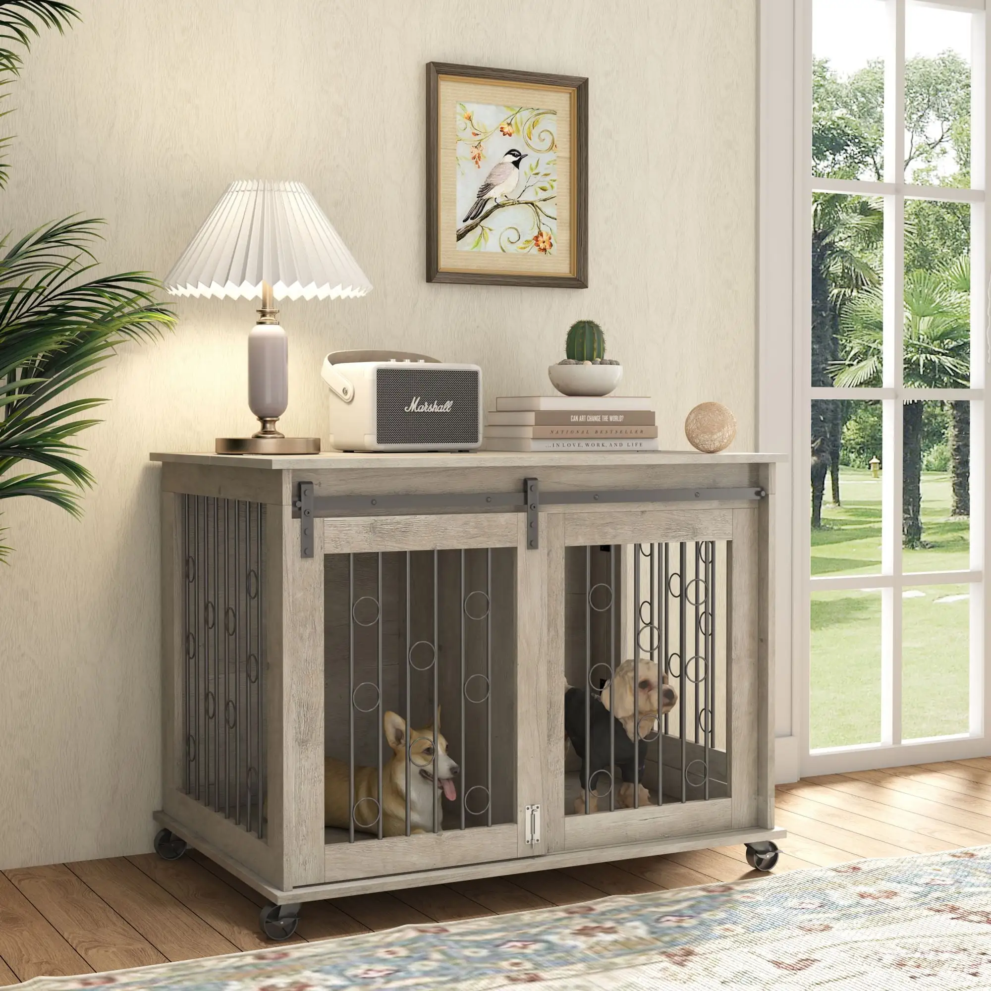 Ouyessir Dog Crate. Large Dog Kennel Furniture Indoor.Chew-Resistant Natural Wood Dog House.Gray