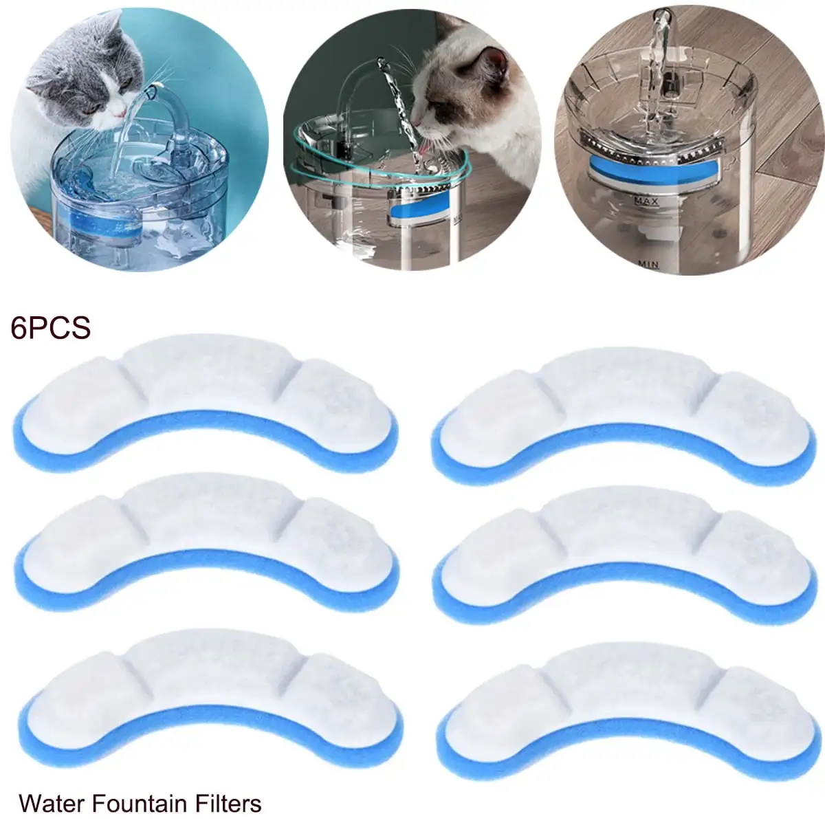 6pcs Pet Water Fountain Filter Replacement Cat Fountain Filter Arc-Shaped Safe Washable Animal Water Fountain Filters with 4 Filtration System