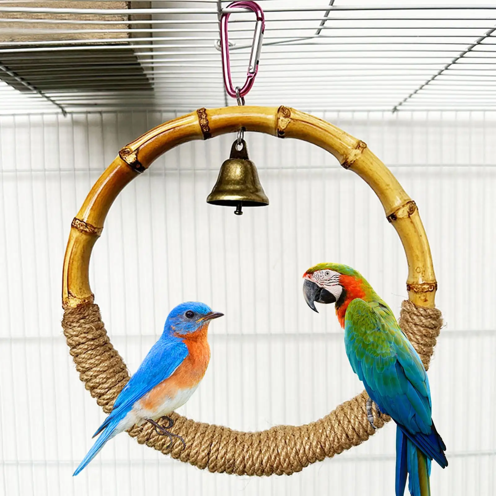 Wharick Bird Rope Swing Toy Natural Bamboo Parrot Climbing Perch Stand for Cockatiel Conure Cockatoo Parakeet Cage Hanging Decor