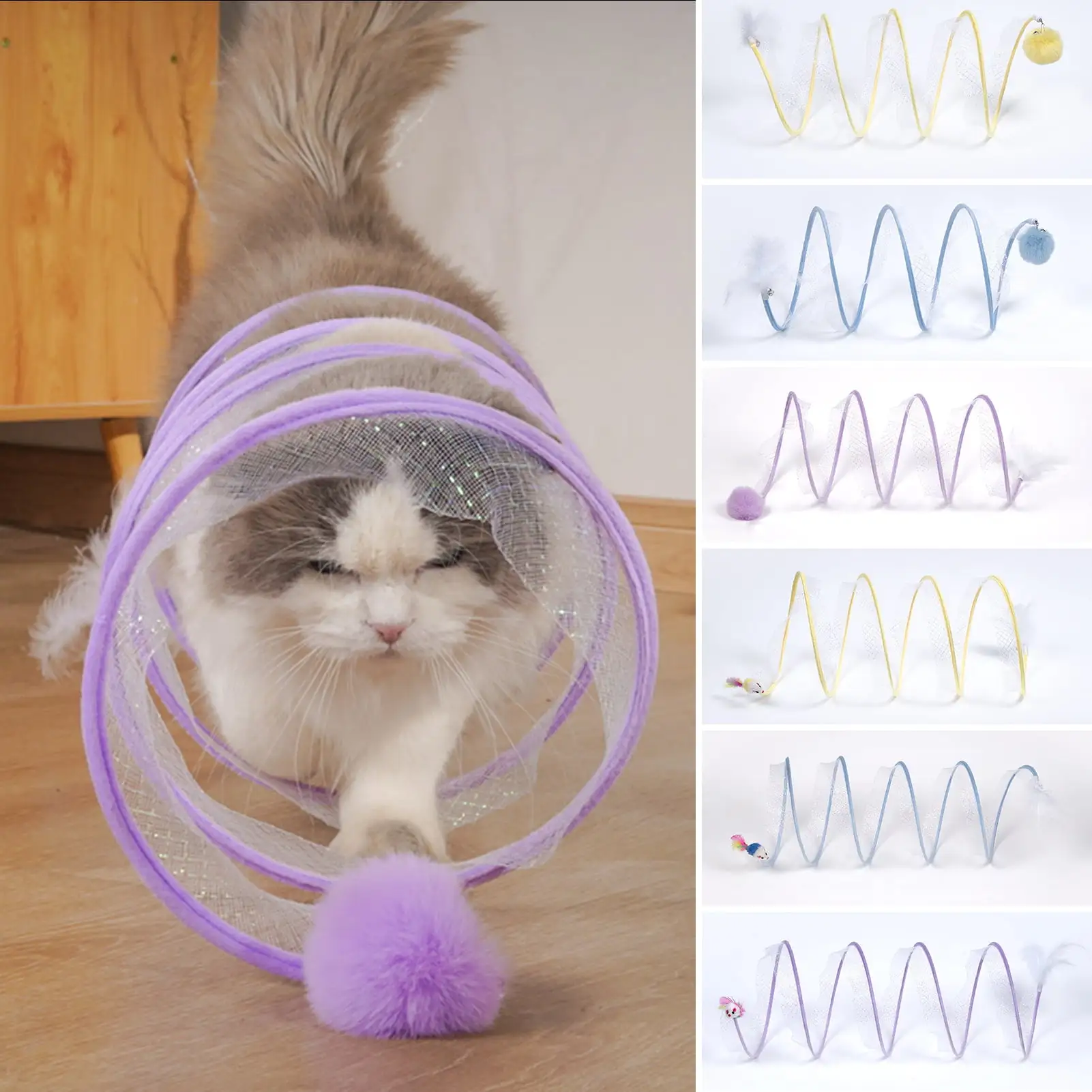 Walbest Folded Cat Tube Tunnel with Feathers Indoor Exercise Cats Kittens Toy Fun S-Shape Collapsible Pet Play Tunnel