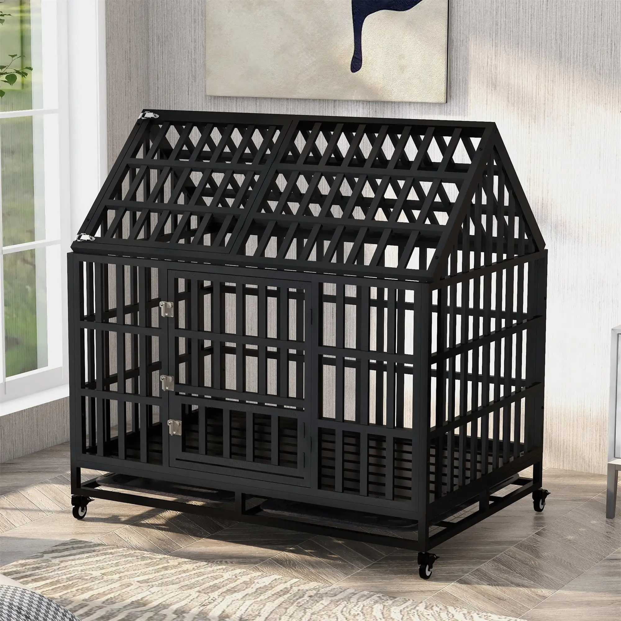 Pefilos 48 Heavy Duty Dog Cage Metal Kennel for Medium and Large Dogs. Pet Crate Playpen with Four Wheels. Black