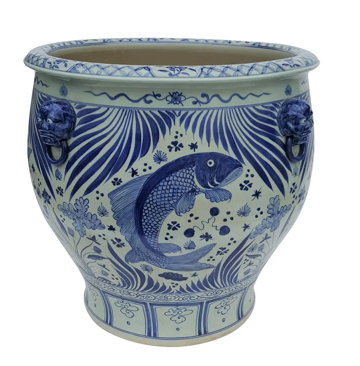 Blue & White Porcelain Planter Asian Koi Fish Design. 16 Diameter