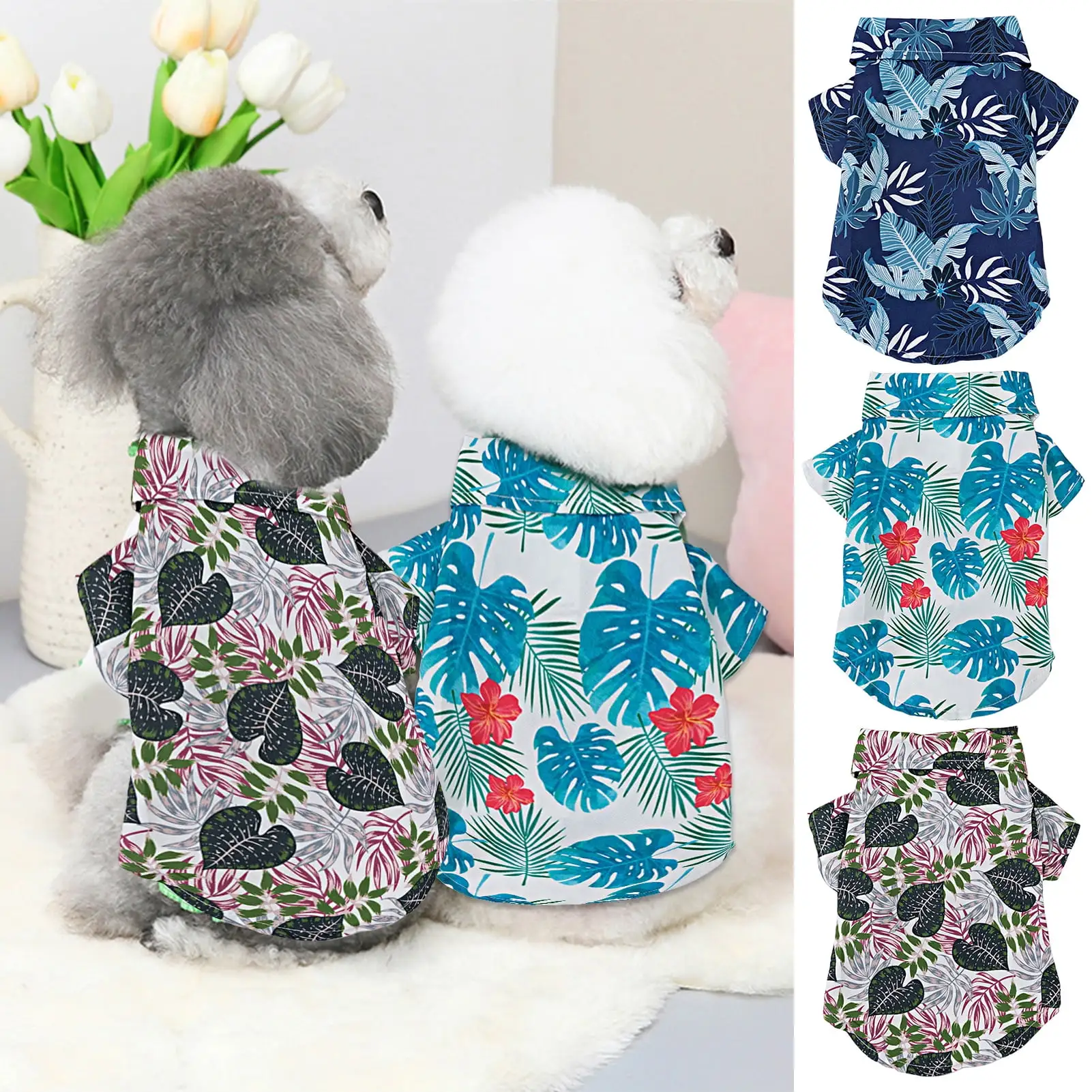 Waroomhouse Puppy Clothes Leaf Print Easy to Put on And Take Off Turn-down Collar Fastener Tape Closure Hawaii Style Print Pet Dog Cat T-Shirt Decor for Outdoor