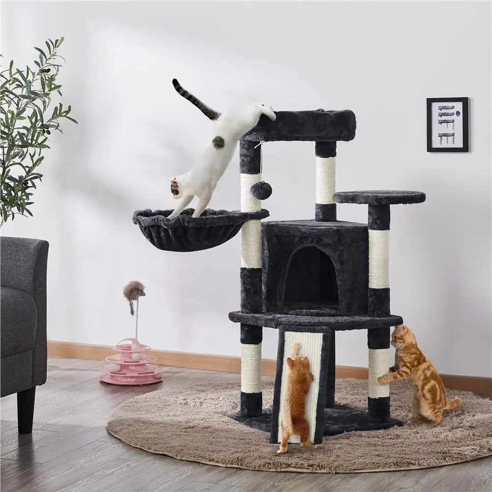 Topeakmart 42'' Multilevel Cat Tree Tower Scratching Post with Condo. Basket. Perch & Platform for Small Medium Cats. Black