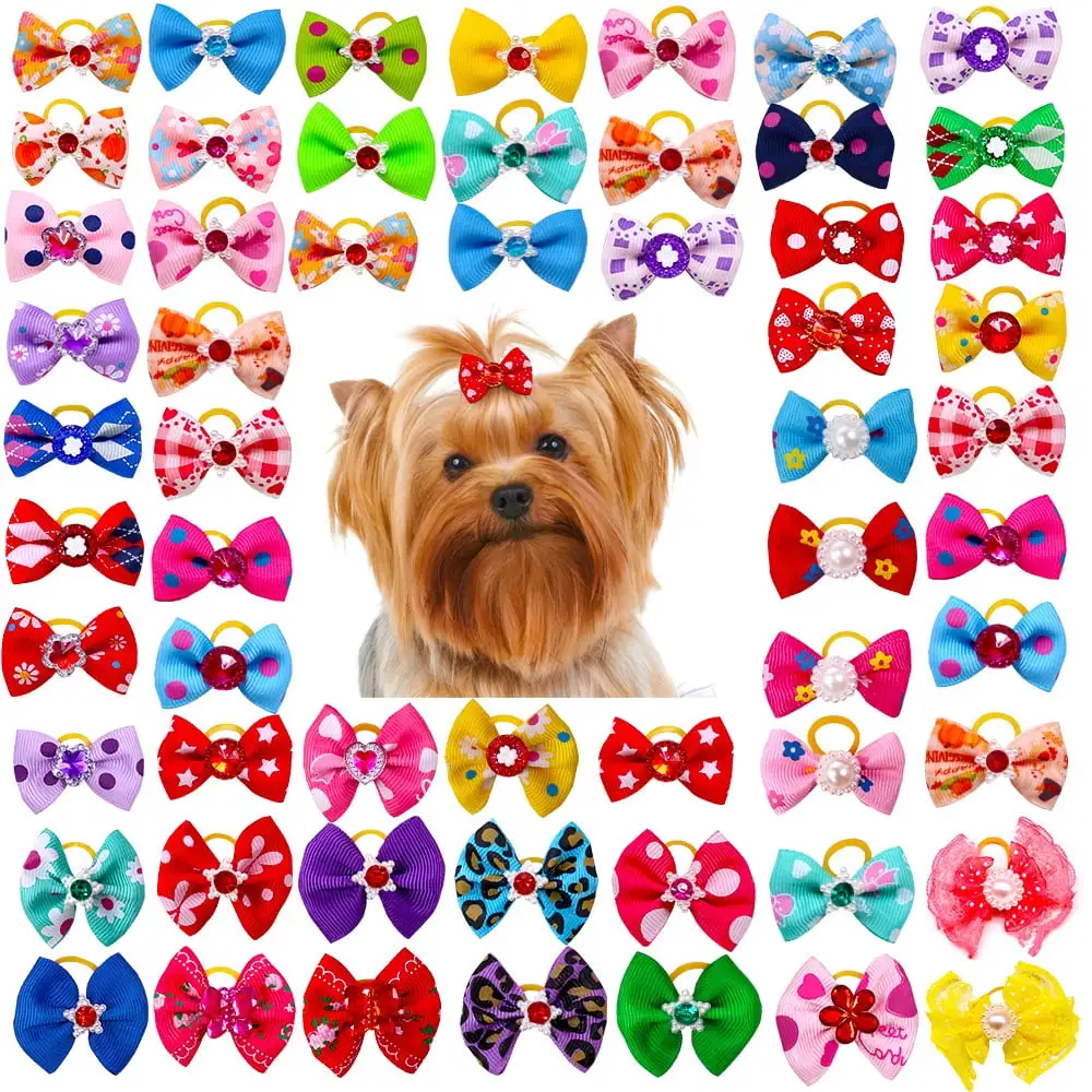 50PCS Yorkie Dog Hair Bows with Rubber Bands Rhinestone.Cute Dog Bows Dog Hair Bowknot for Small Dogs Puppy Hair Bows Pet Grooming Bows Dog Cat Hair Accessories for for Halloween Thanksgiving