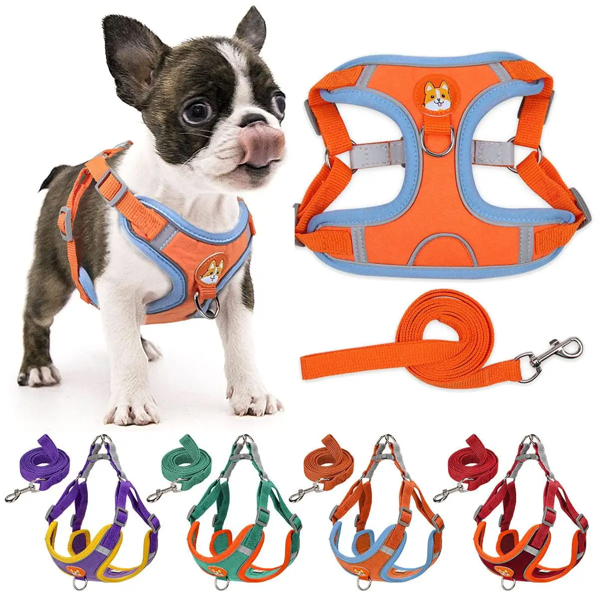 Deago No Pull Dog Harness and Leash Set Soft Suede Pet Harness Reflective Adjustable Puppy Vest for Small Medium Dogs (Orange. XL)