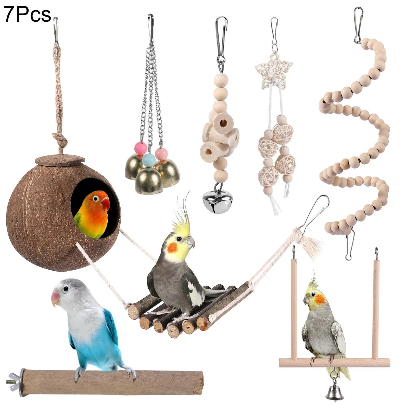 7Pcs Bird Parrot Toys Coconut Shell Nest Hut Cage Hanging Toys Wooden