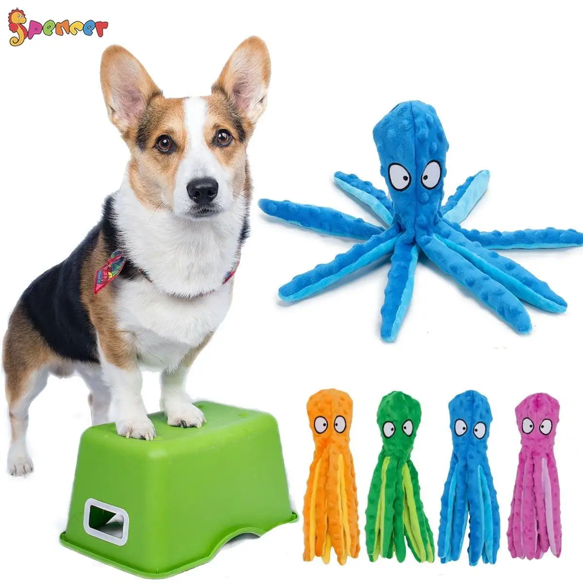 Spencer Dog Squeaky Octopus Toys No Stuffing Crinkle Plush Dog Toys with Sounding Crinkle Paper and Squeaker Inside Pet Puppy Dog Chew Toys for Small Medium Dogs Interactive Training (Green)