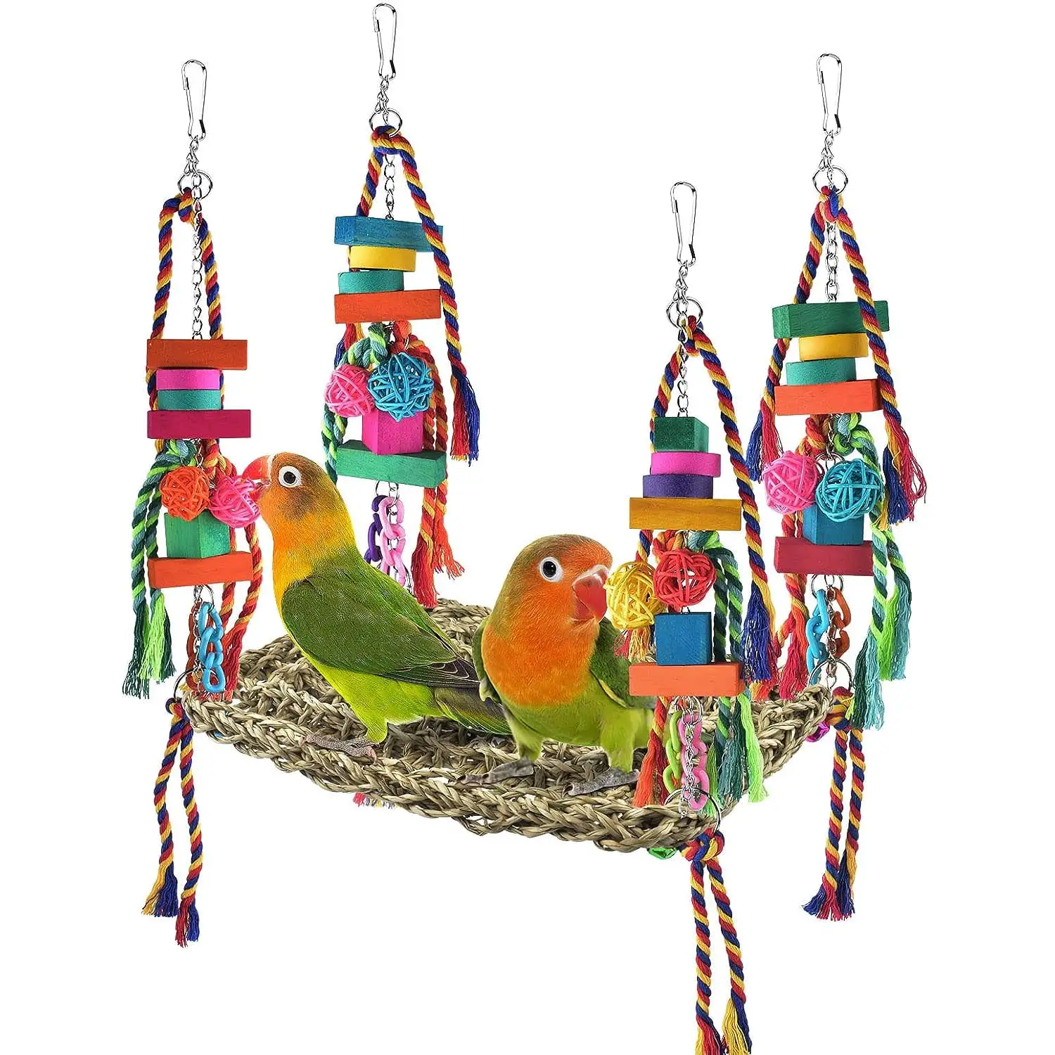 Holzlrgus Bird Toys. Bird Foraging Wall Toy Large Size Seagrass Woven Climbing Hammock Swing Mat with Colorful Chewing Toys for Lovebird. Parakeet. Budgie. Conure. Cockatiel. Small Birds