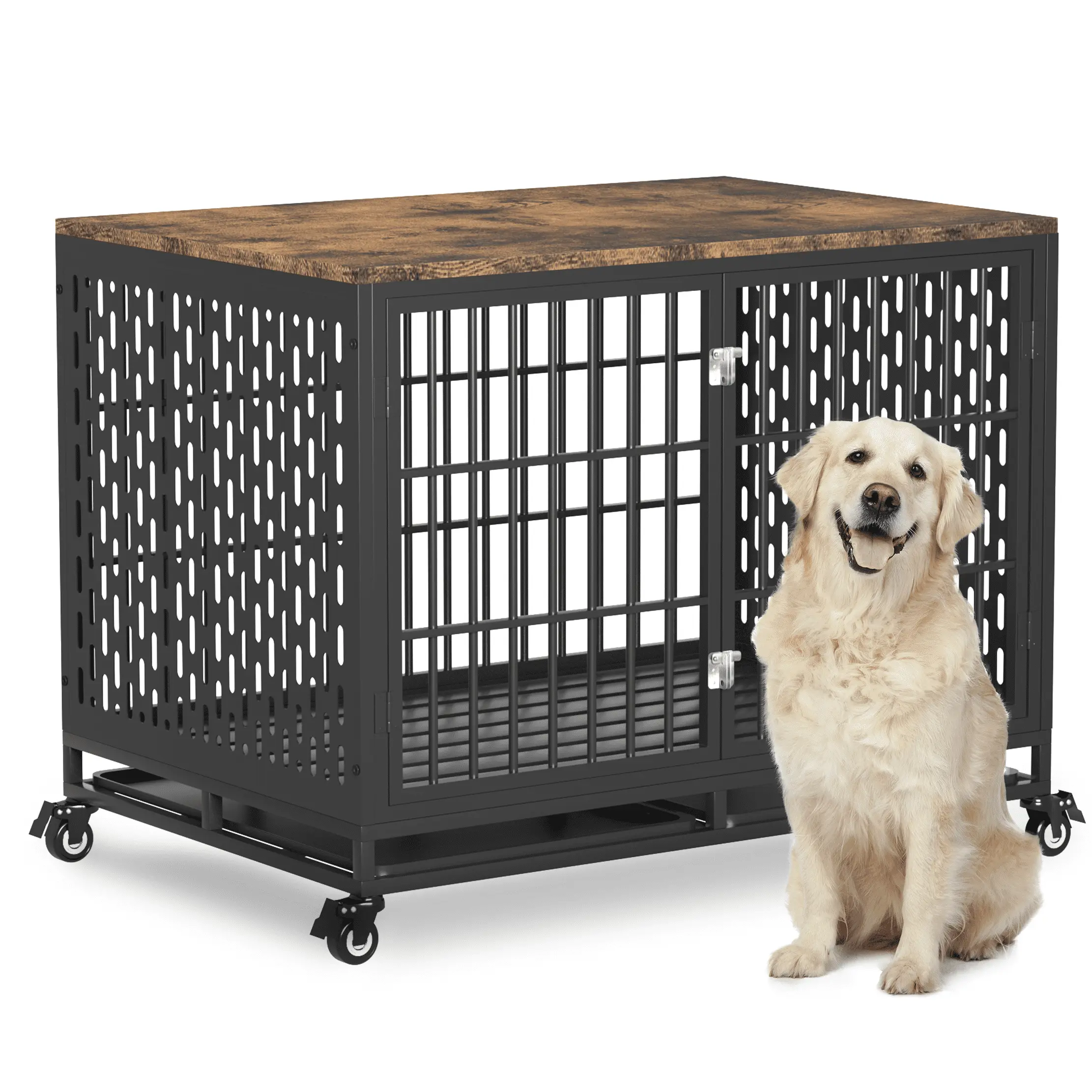 42 Heavy Duty Dog Crate for Large Medium Dogs. Furniture Style Cage with Trays and Wheels. Brown