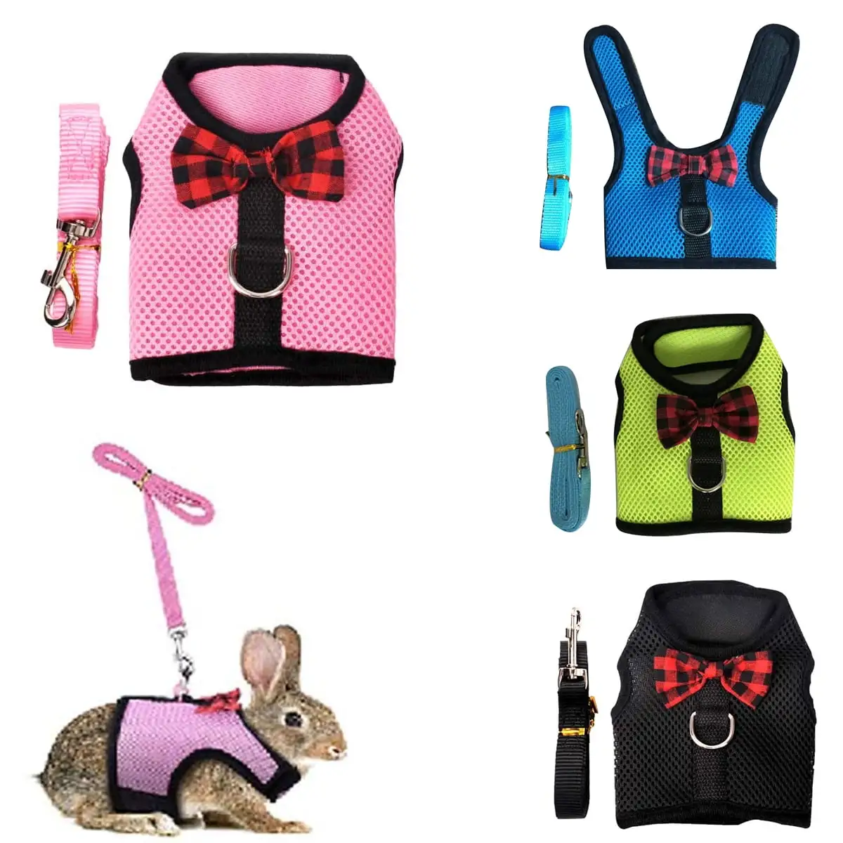 Walbest Rabbit Harness with Lead Leash Set. Soft Breathable Mesh Pet Chest Harness Vest Walking for Kittens. Bunny. Hamster. Guinea Pig. Ferret and Other Small Animals (Red. M)