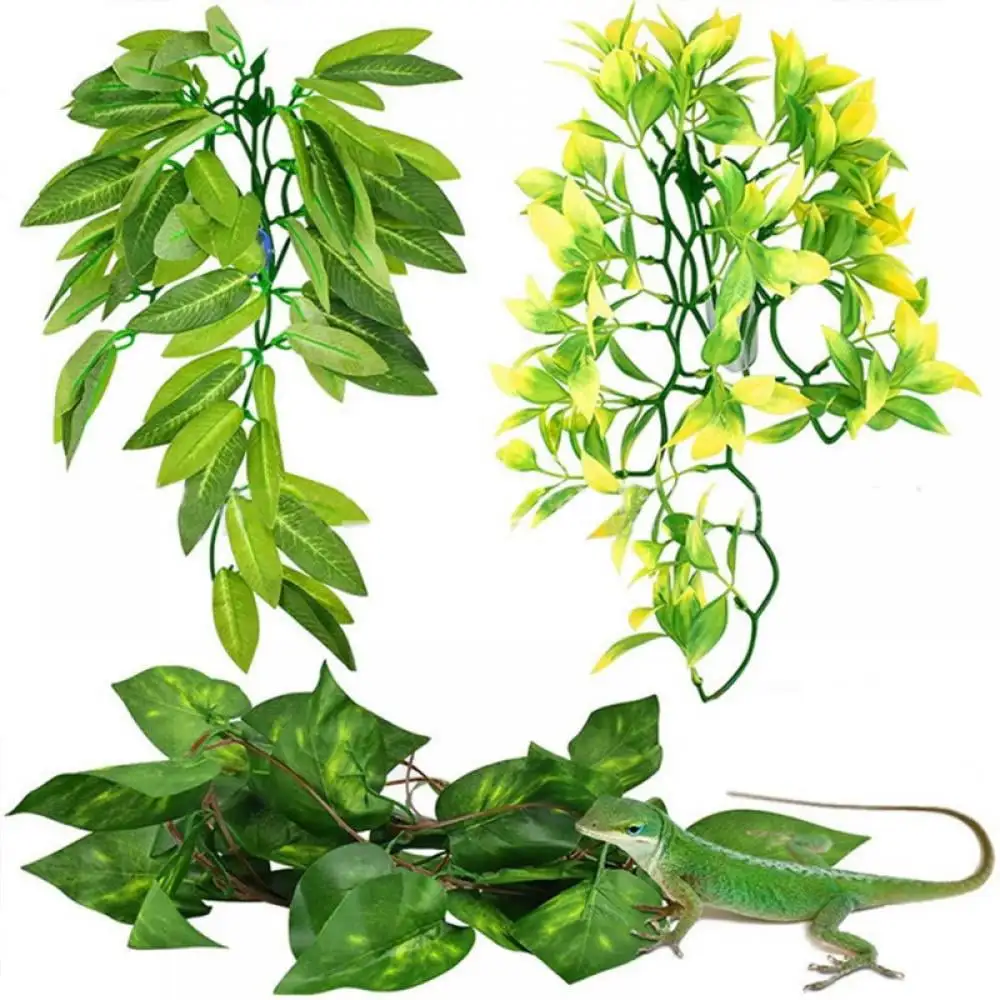 3Pcs Aquarium Reptile Plants Artificial Reptile Plants Reptiles Terrarium Leaves Plastic Reptile Habitats Amphibian Hanging Plants Decorations with Suction Cups for Hermit Crab Lizards Geckos Snake