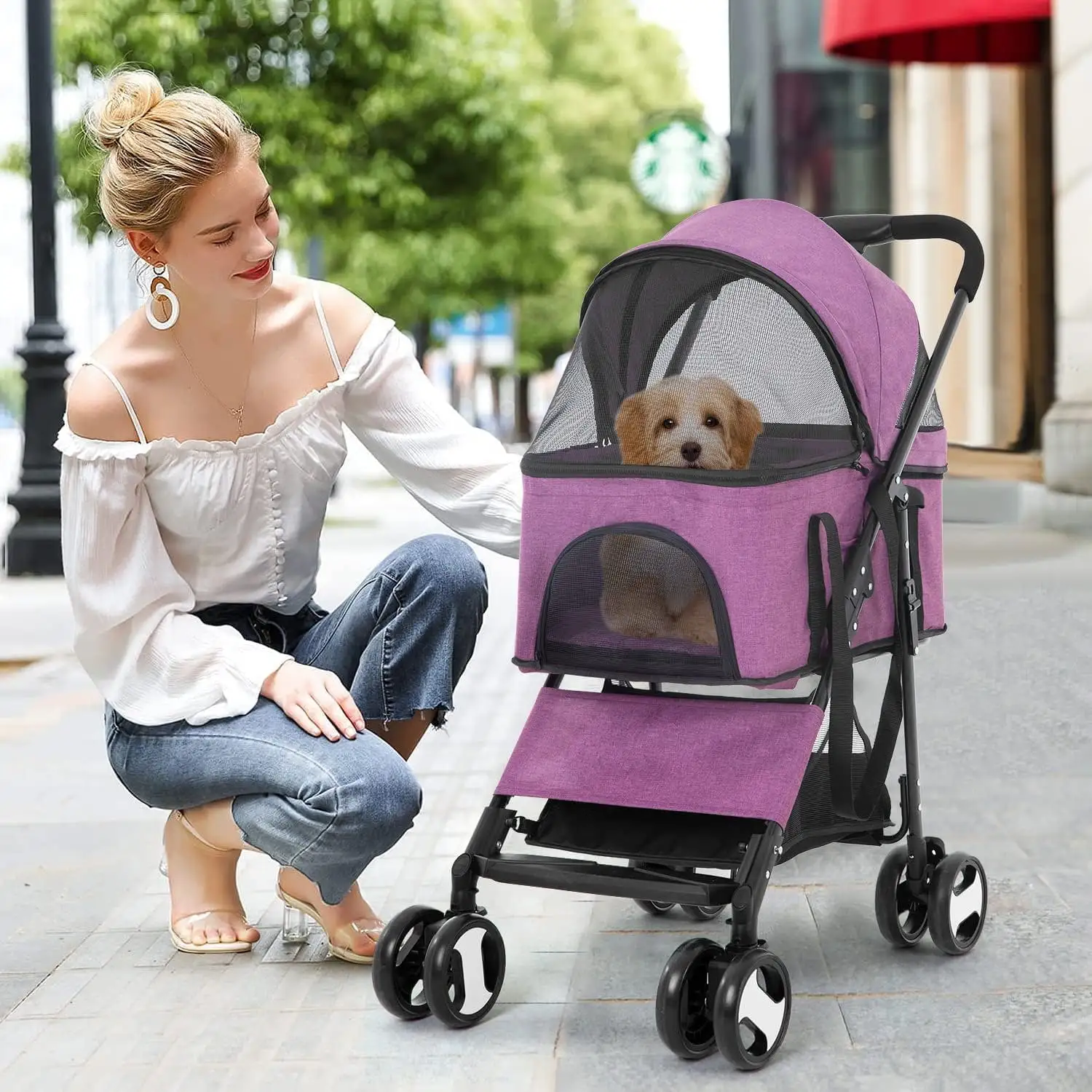 YRLLENSDAN 4 Wheels Pet Strollers for Small Dogs Jogging Stroller. Lightweight Foldable Dog Stroller for Medium Large Dogs 3-in-1 Multifunction Cat Stroller w/Detachable Carrier & Storage Basket