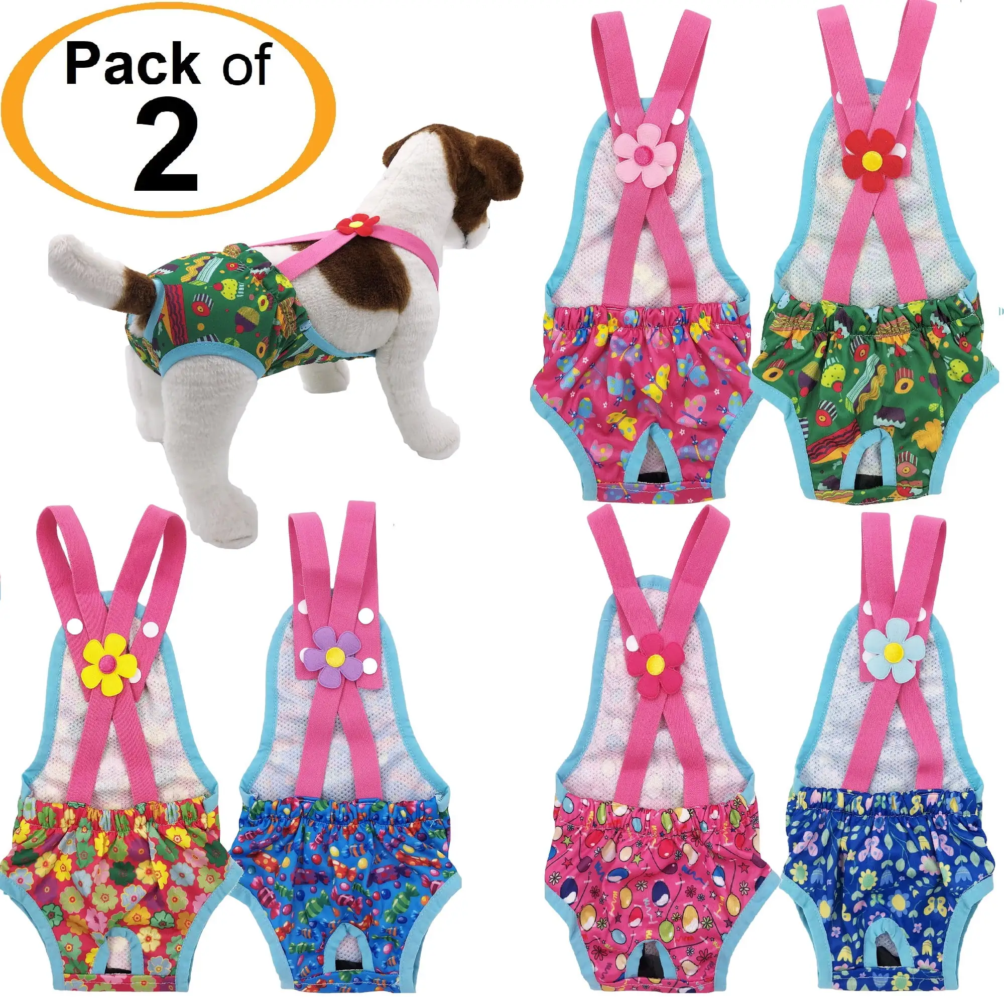 Pack of 2 Female Dog Diapers Sanitary Pantie Washable Reusable with Suspenders Stay On for Small Pet