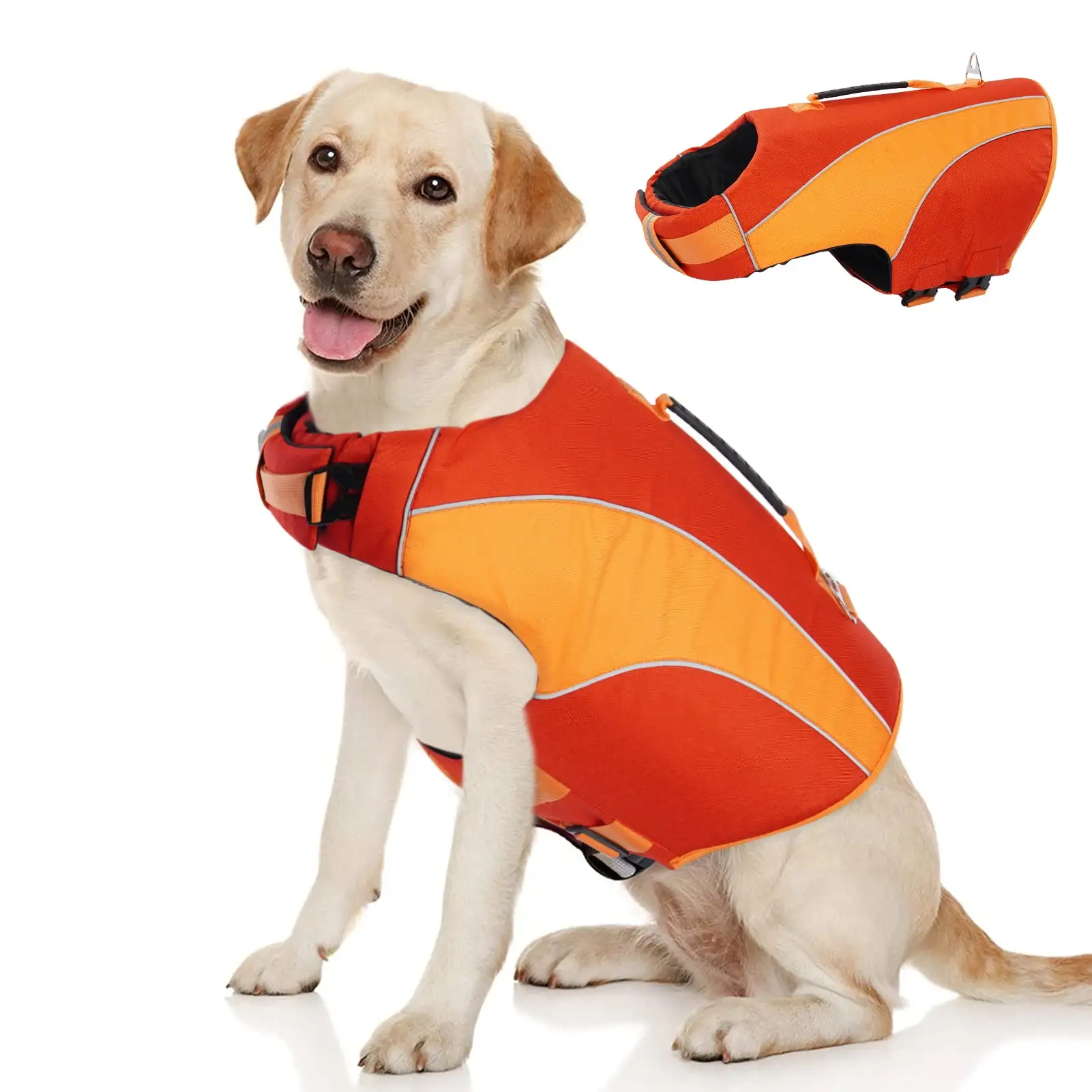 Queenmore Dog Life Jacket Pet Life Safety Vest for Swimming with Reflective Stripes/Adjustable Belt. High Buoyancy and Durable Rescue Handle for Small Medium and Large Dogs.Orange