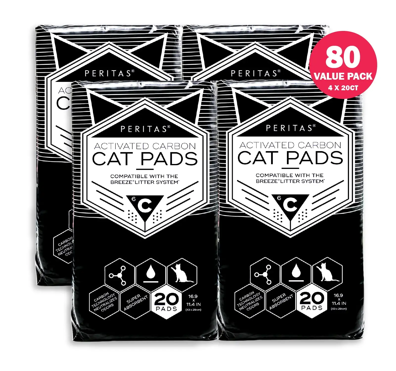 80ct Paw Inspired Cat Litter Pads | Generic Refill for Tidy Cat Breeze Litter Box Pads System | Cat Liner Pads for Litter Box | Activated Carbon for Breeze Cat Litter Pads | 16.9 x 11.4