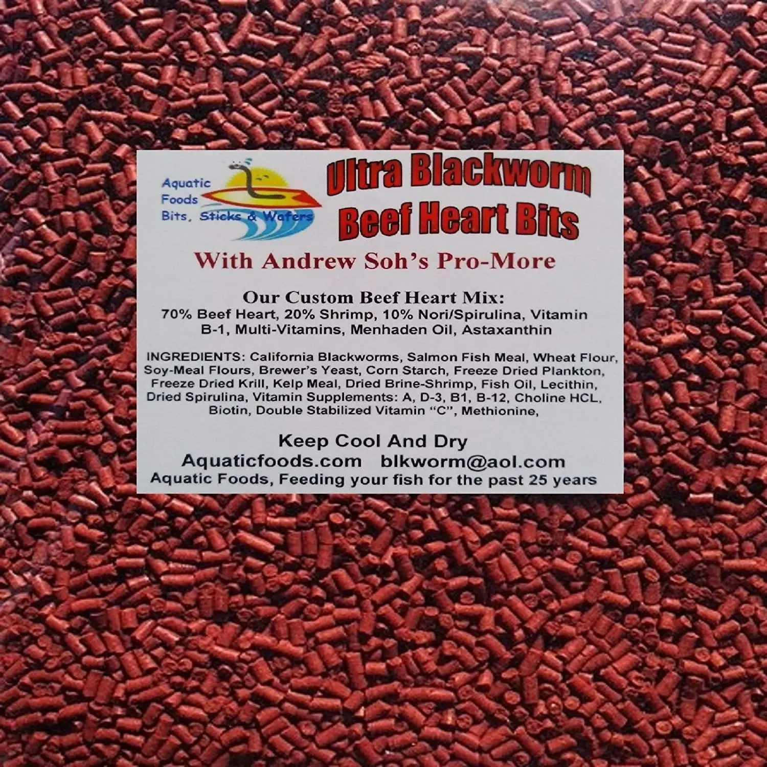 Aquatic Foods PRO-MORE Enhanced Blackworm / Beef Heart Mix Sinking Bits for increasing Size & Girth in ALL Tropical Fish - 1/8-lb