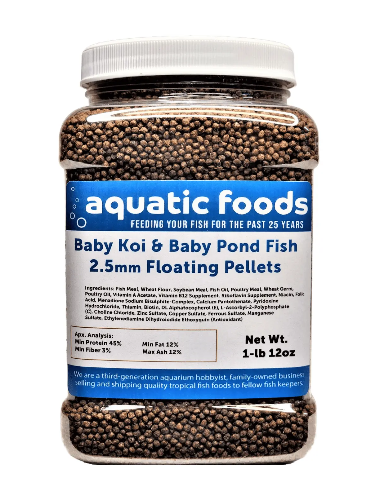 Baby Koi & Baby Pond Fish Pellet Food. 45% Protein 2.5mm Floating Pond & Aquarium Pellets??1-lb 12oz Med Jar