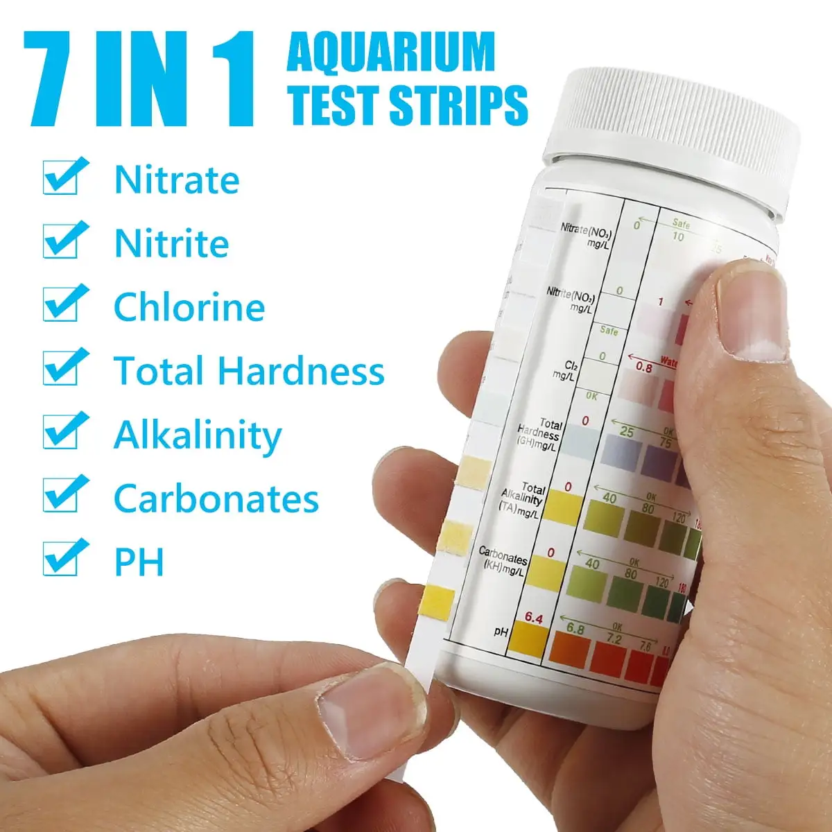 Fyeme 100Pcs Aquarium Test Strips 7 in 1 Fish Tank Test Kit Freshwater Saltwater Aquarium Water pH Test Strips Kit for Total Hardness Nitrate Nitrite Free Chlorine Carbonate pH Value Total Alkali