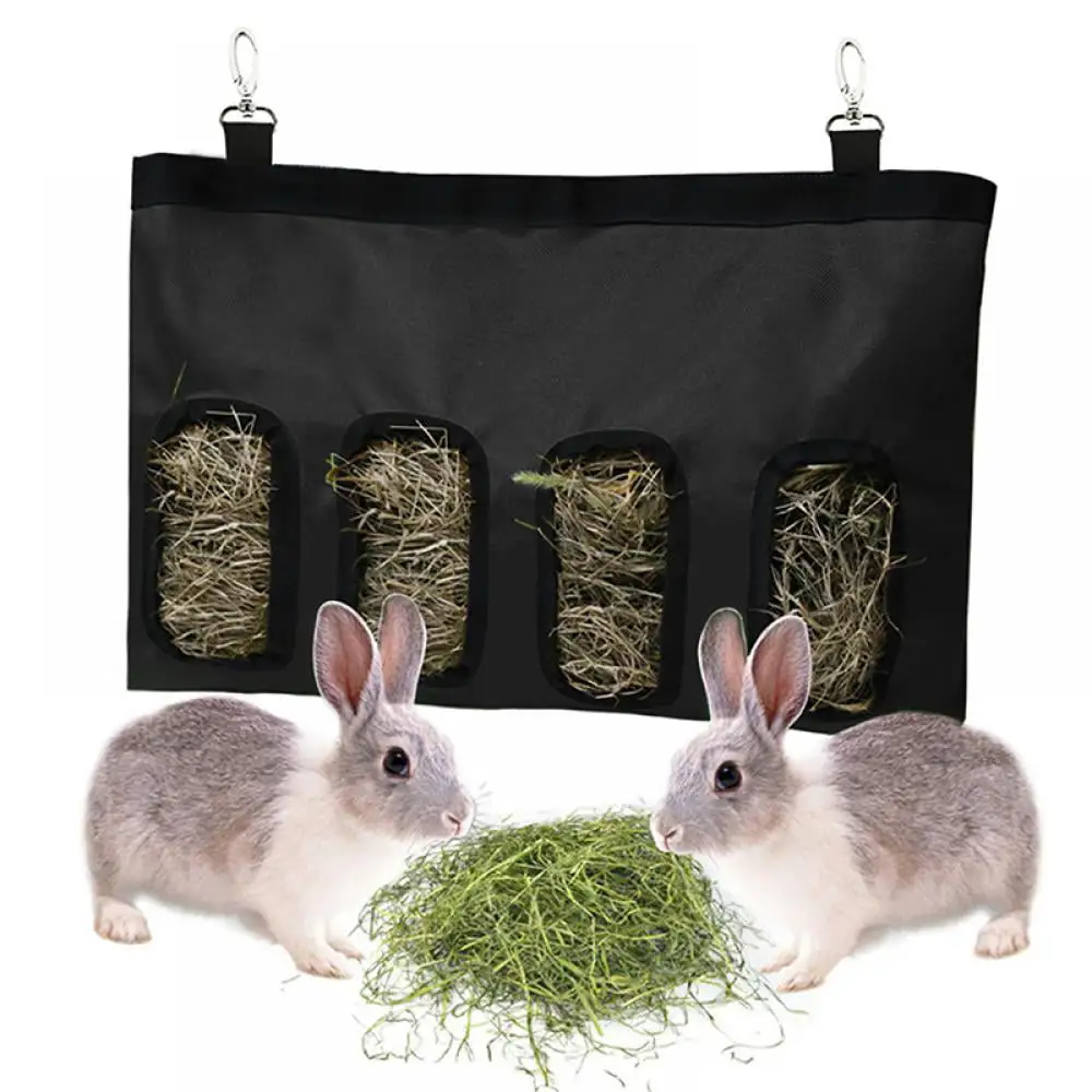 Maynos Rabbit Guinea Pig Hay Feeder Bag.Small Animal Hay Feeder Storage. Hay Bag Hanging Feeder Sack for Chinchilla Bunny (Black.4 Hole)