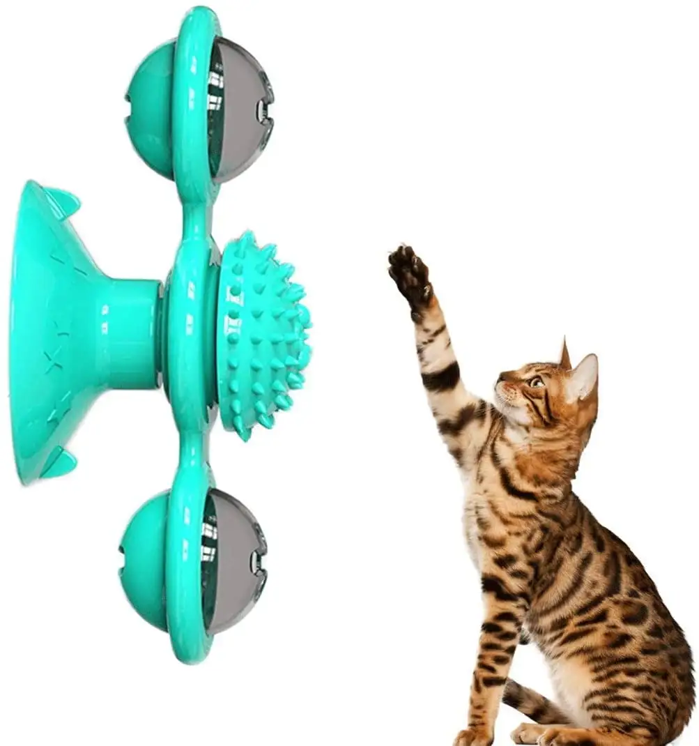 Windmill Cat Toy with LED Ball and Catnip Ball. Cat Turntable Teasing Interactive Toy with Suction Cup. Funny Kitten Windmill Ball Cat Toys for Indoor Cats. Massage Scratching Tickle