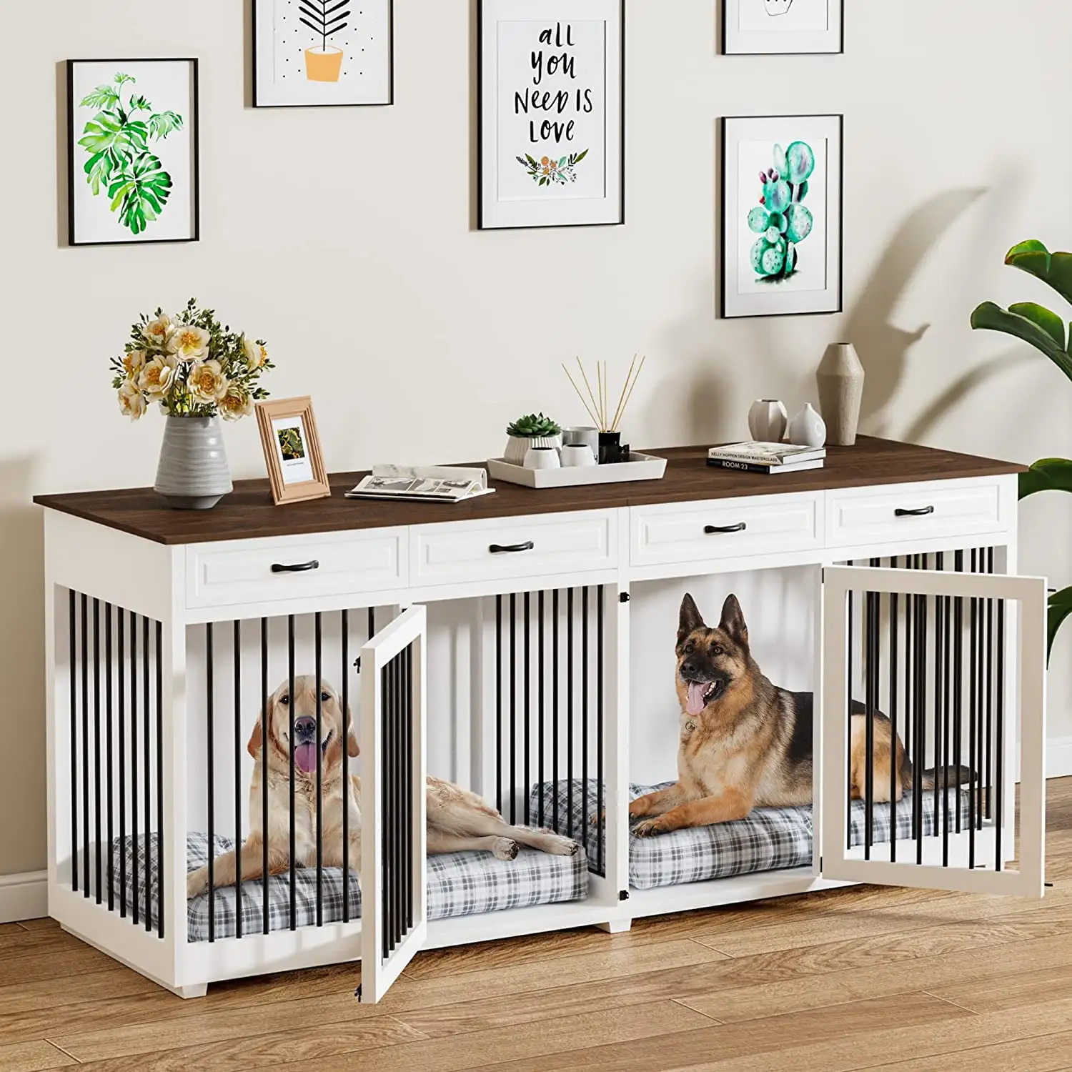 86.6 Large Dog Crate Furniture. Wooden Dog Kennel with 4 Drawers