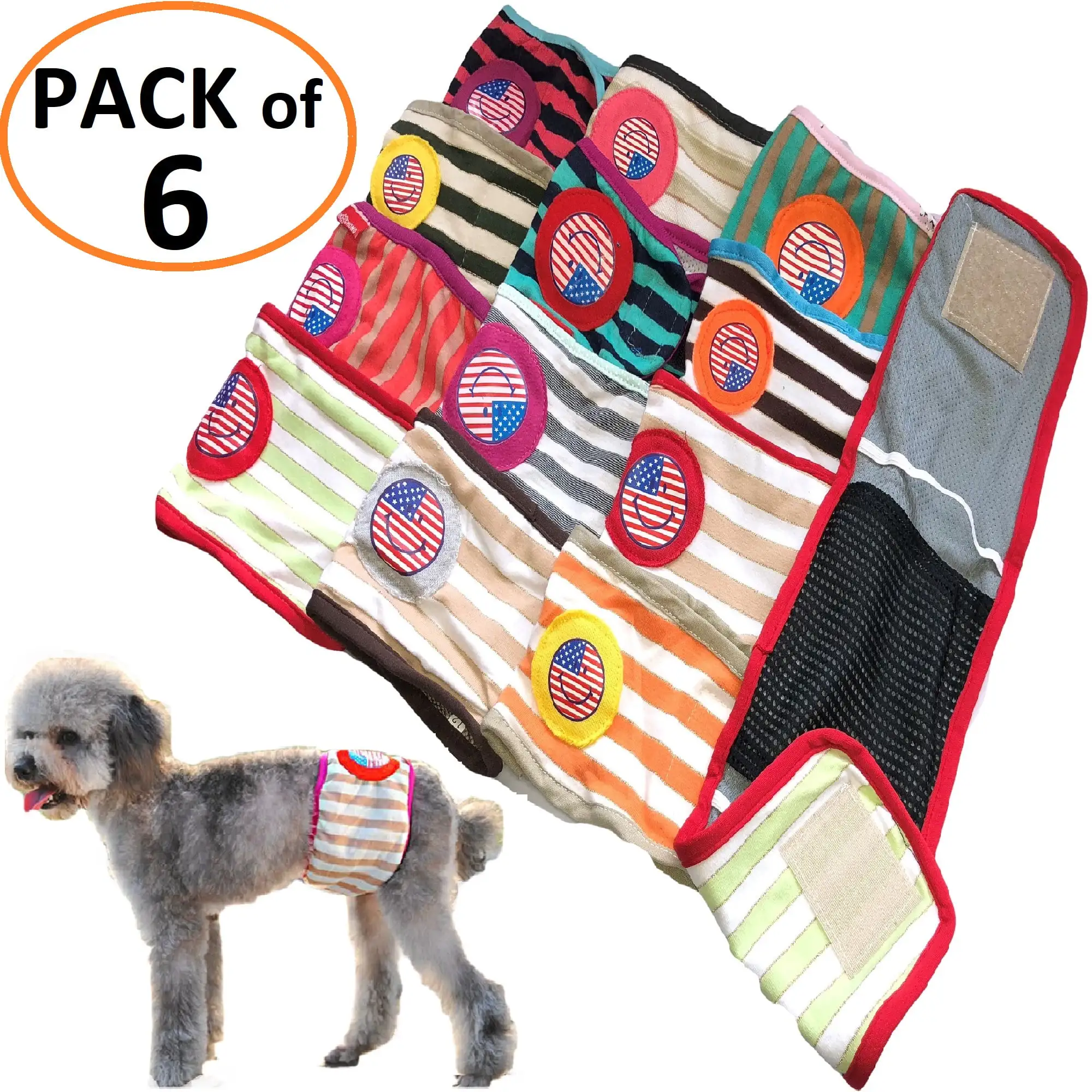 Pack of 6pcs Dog Diapers Random Colors Male Boy Belly Band Wrap for Small Pet Sz L: waist 16 - 18