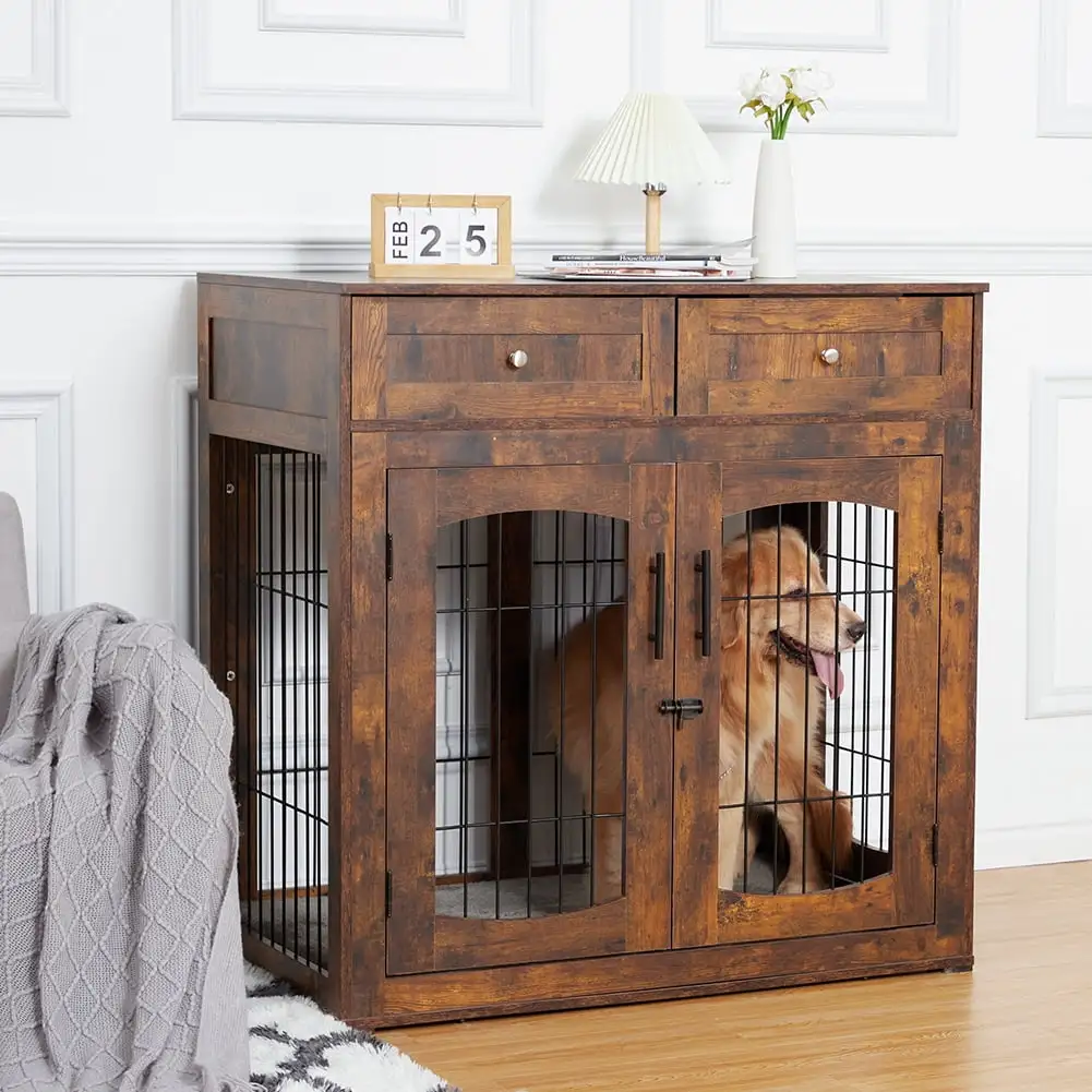 Wooden Dog Cage with Cushion. Indoor Dog Kennel. Dog House. Dog Furniture. Side End Table. Rustic Brown 39.4 L