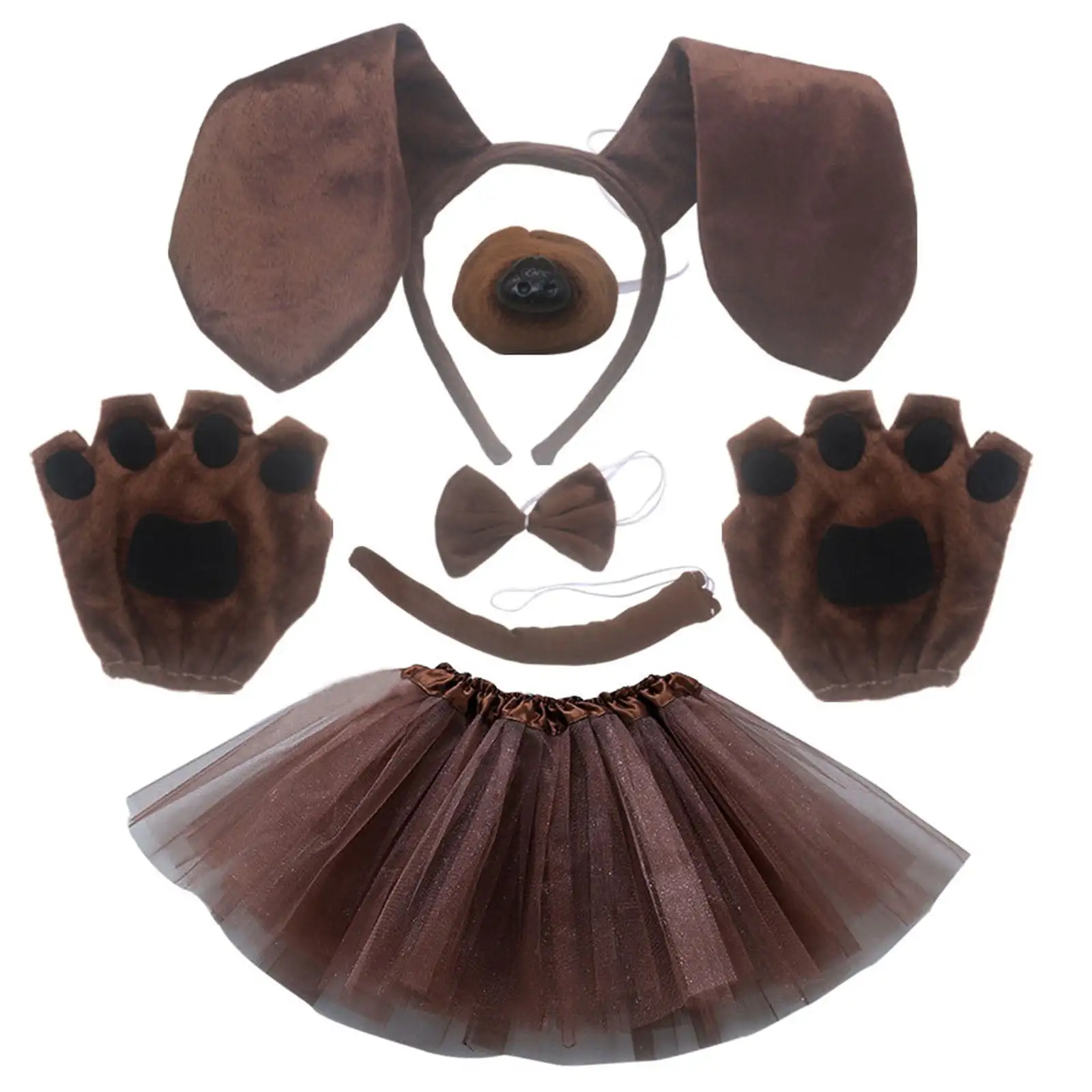 6 Pieces Set Dachshund Dog Ears Headband Bow Tie Tail Skirt Gloves Costume Party