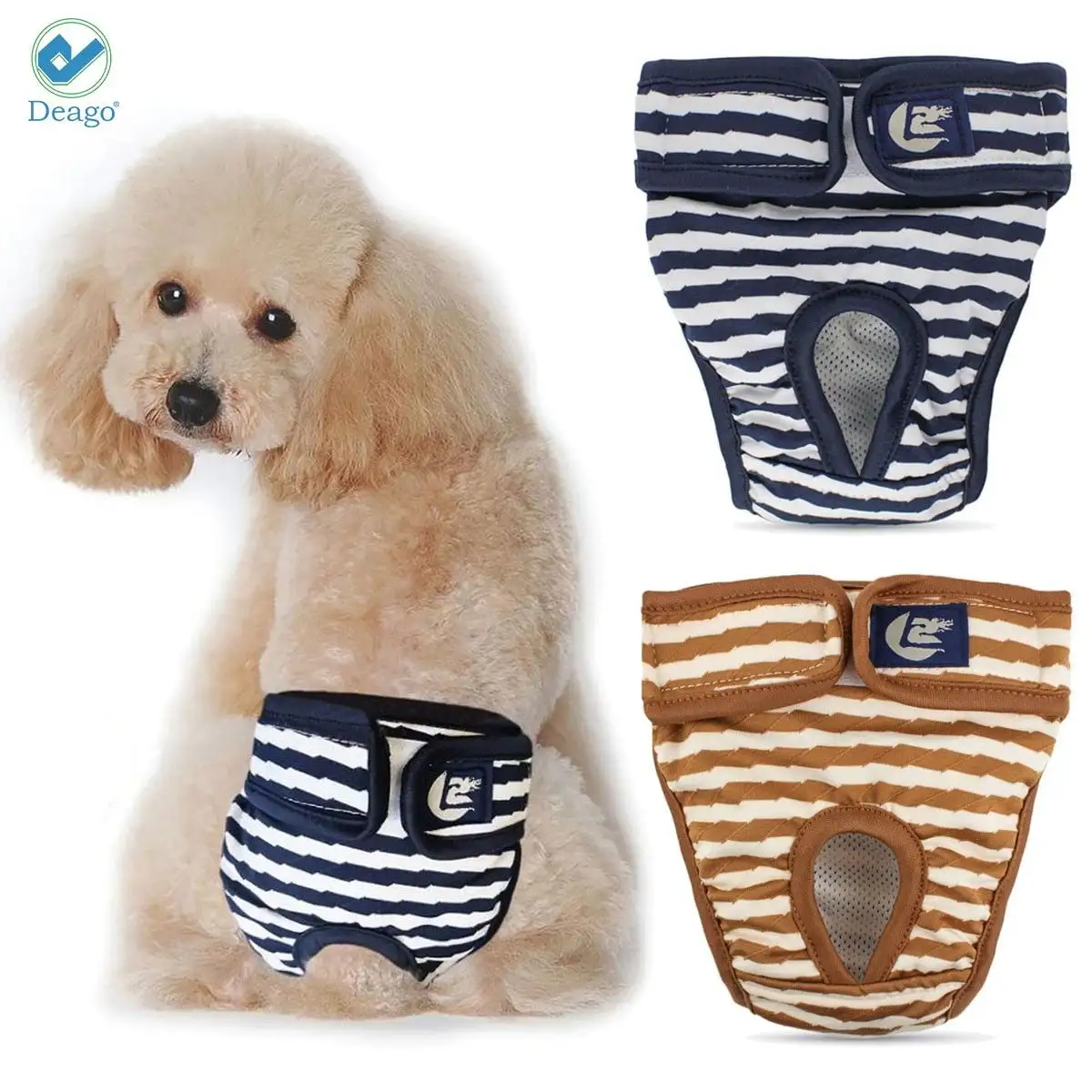 Deago 2 Pack Washable Dog Diapers Female for Small Medium Dogs. Premium Reusable Leakproof Puppy Diapers Nappies (Brown+Blue. S)