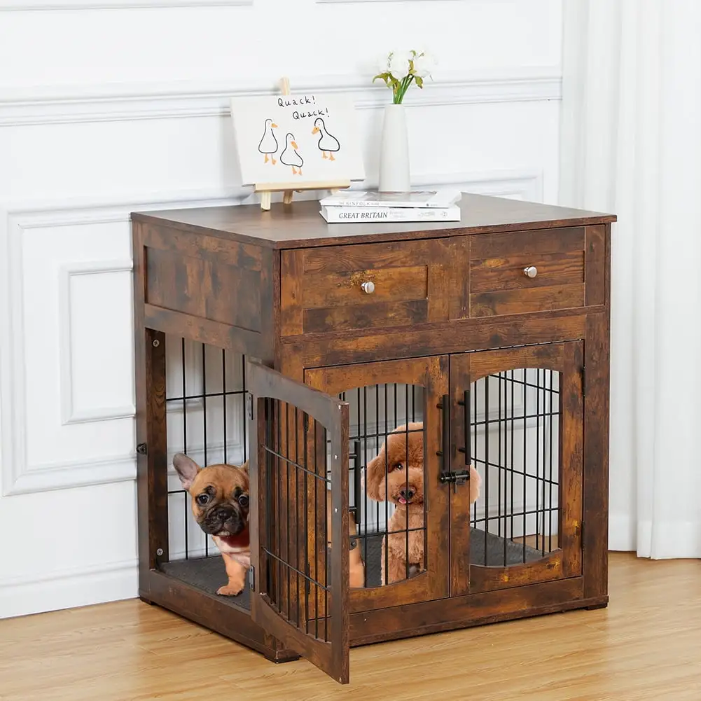 Wooden Dog Crate with 2 Drawers. 3-Doors Dog Crate with Cushion. 31.5 Indoor Dog Kennel