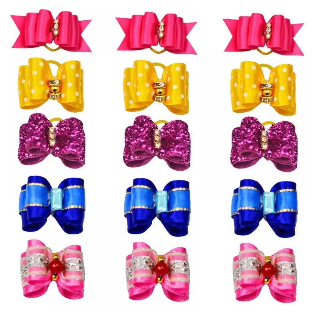 10 Pcs Pet Dog Hair Bows Bowknot for Yorkshire Girls Topknot with Rubber Bands Cat Puppy Headdress Grooming Hair Accessories