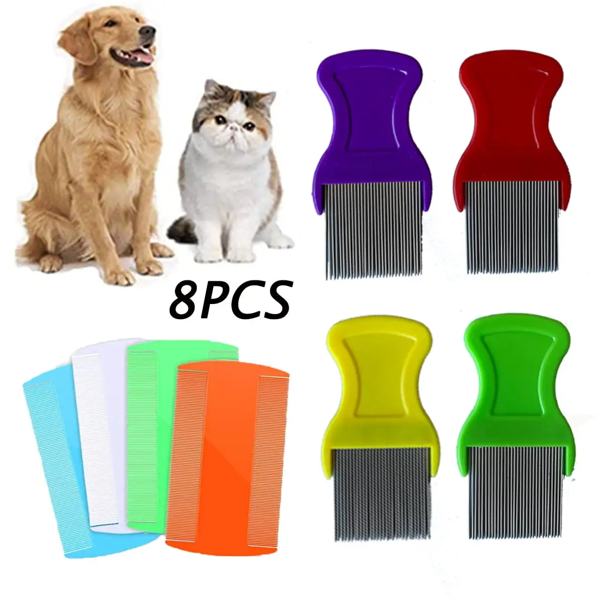 8pcs Plastic Pet Combs With Metal Teeth Double Sided Flea Lice Combs For Dogs Cats