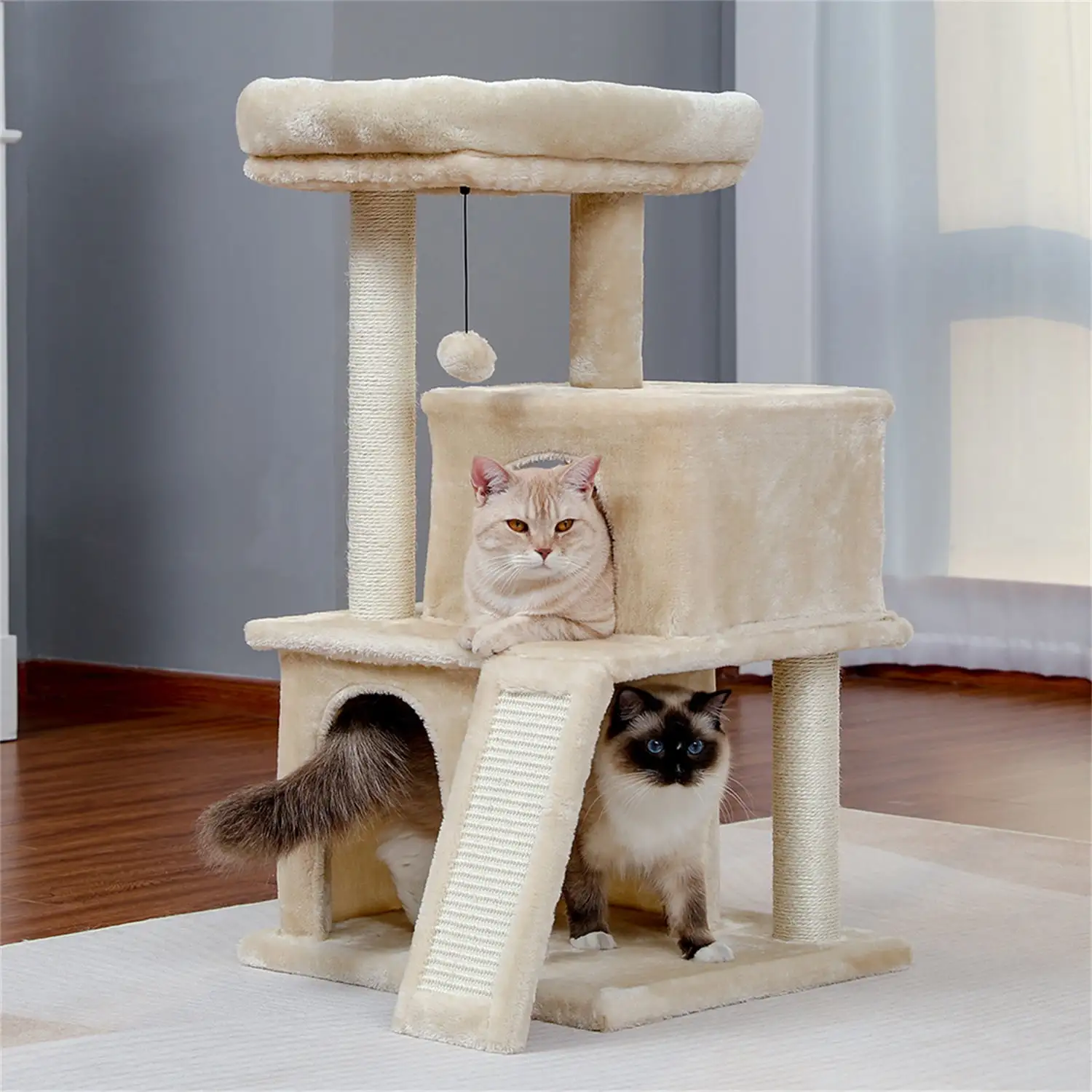 Pefilos 33 Cat Tree for Adult Cats Cat Tree Tower for Indoor Cats with Sisal Scratching Posts. Scratching Board. Plush Perch. Cat Condo for Outside Kitty Kitten Play House. Beige