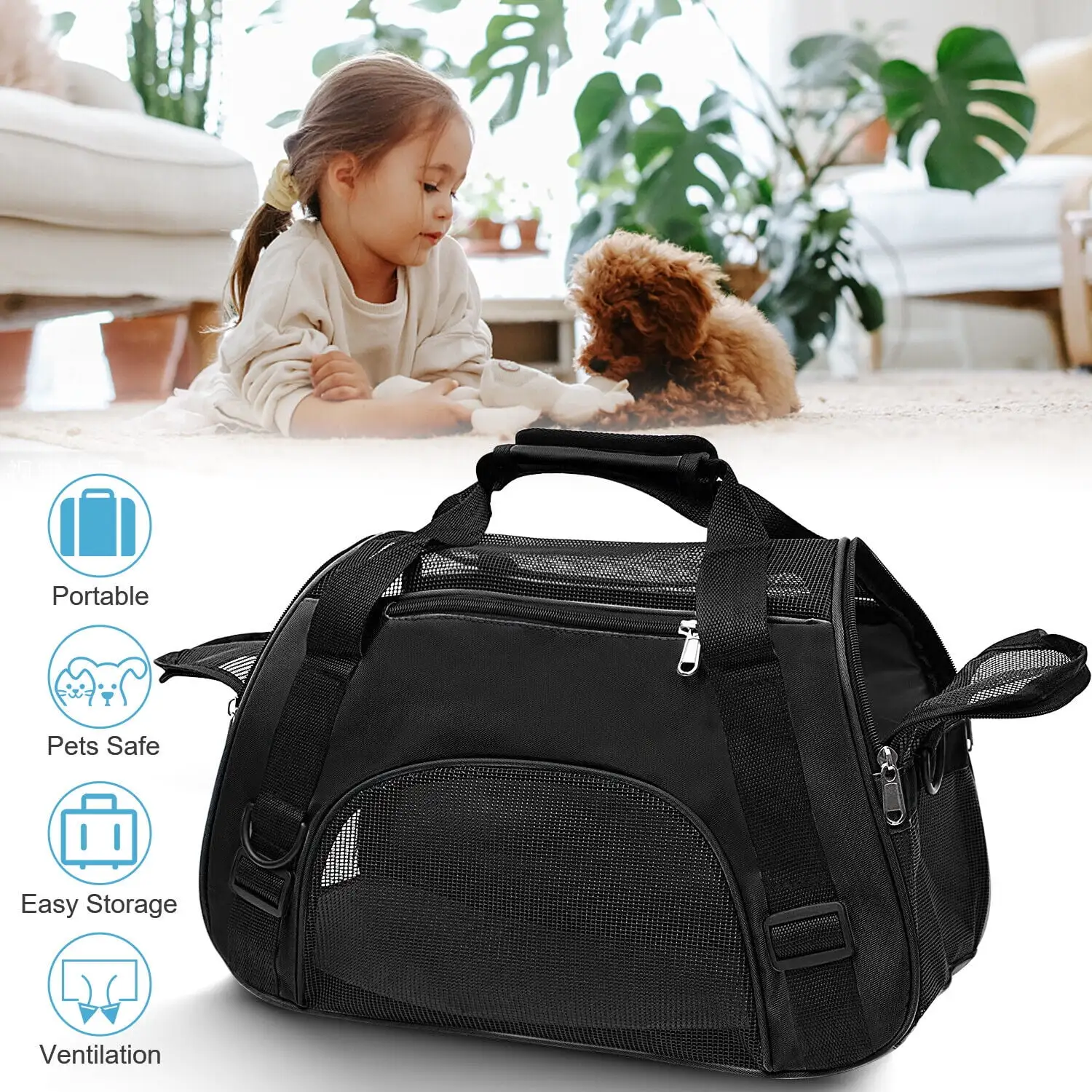 Medium Dog Carrier. Soft Sided Pet Carrier for Medium Dogs and Cats up to 11 Lbs. Collapsible Puppy Carrier Dog Travel Bag. Black