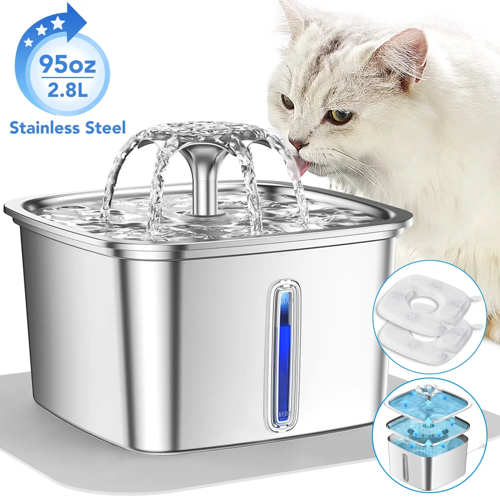 95oz/2.8L Stainless Steel Cat Water Fountain - Automatic Pet Water Dispenser for Cats. Dogs - Includes Replacement Filters & Silicone Mat. Electric Water Bowl for Multiple Pets. Silver