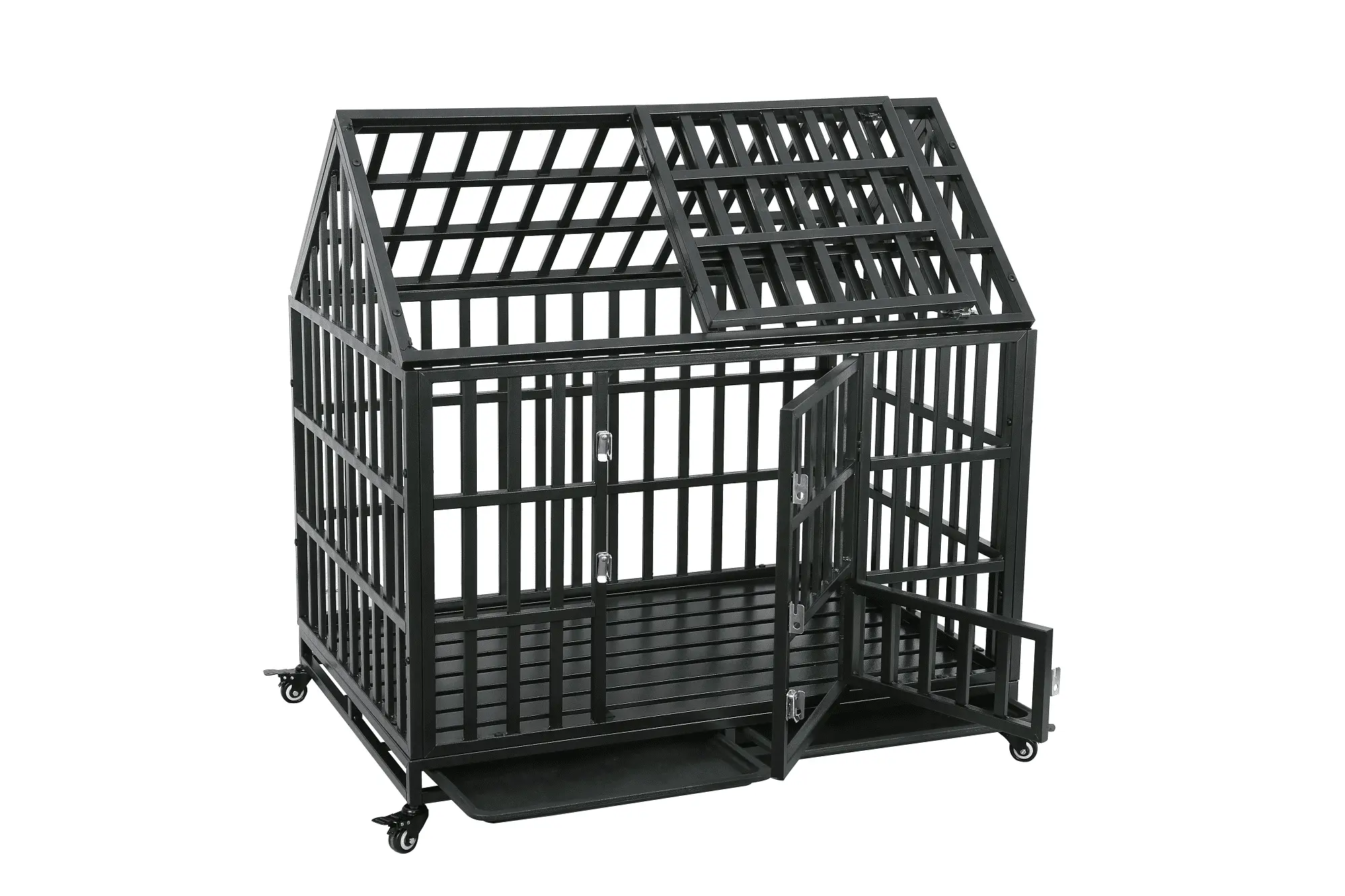 Elitezip Heavy Duty Dog Cage Pet Crate with Roof Strong Metal Kennel and Crate for Medium and Large Dogs.four Locking Wheels. 43.3L X 30W X 41.7H. 250LBS Weight Capacity. Black