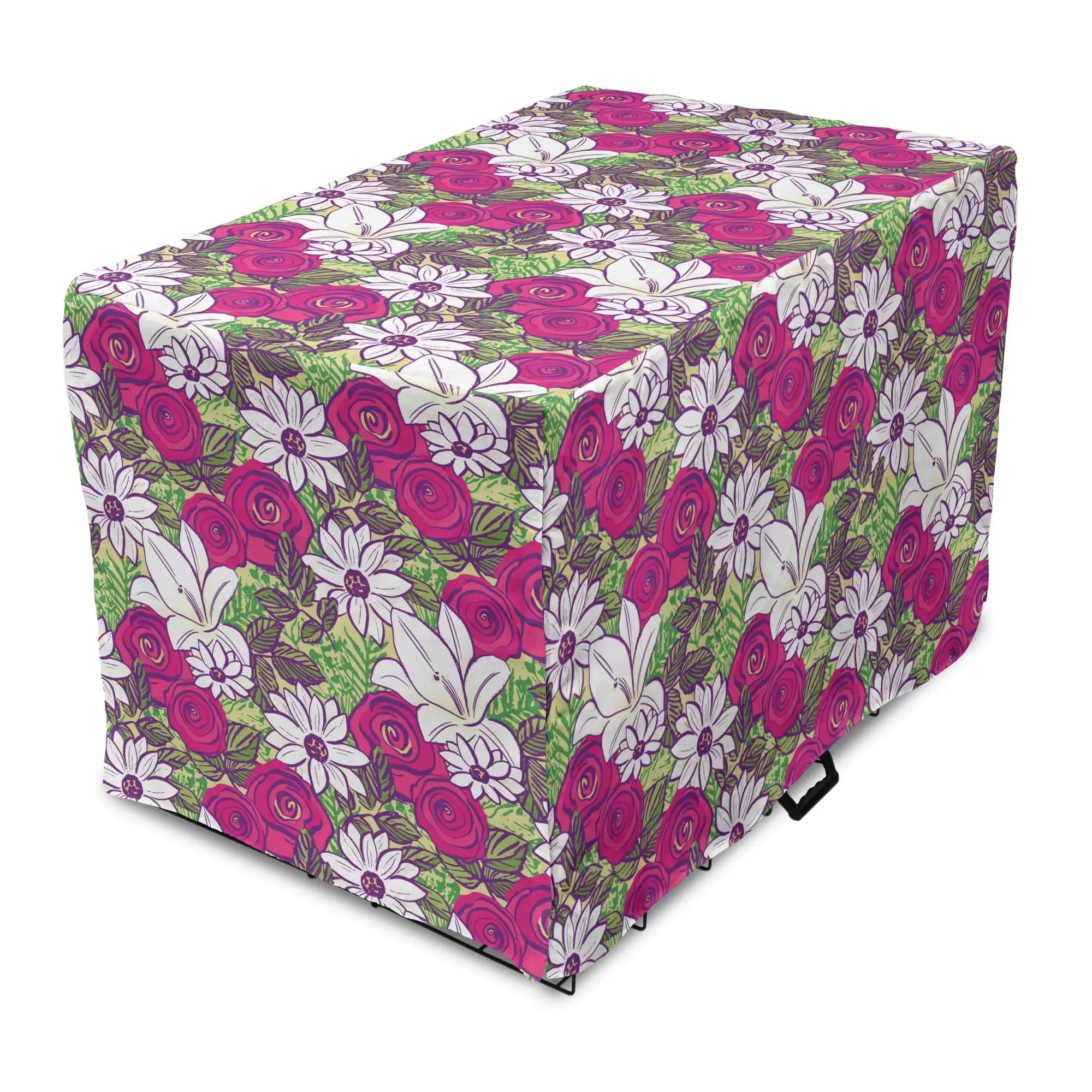 Floral Dog Crate Cover. Bold and Inky Illustrations of Roses Lilies and Chamomiles. Easy to Use Pet Kennel Cover Small Dogs Puppies Kittens. 7 Sizes. Magenta Purple. by Ambesonne