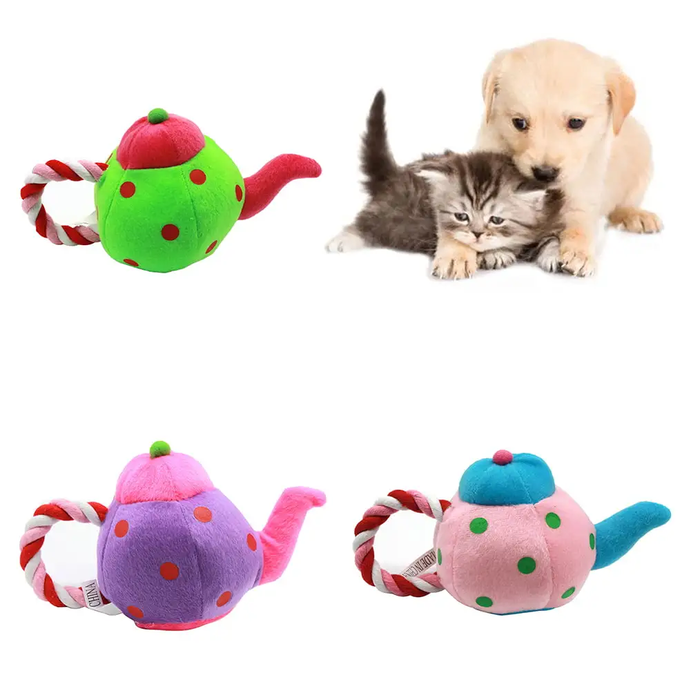 SPRING PARK Dog Soft Squeaky Cloth Toy Pet Puppy Squeaker Plush Training Cotton Rope Teapot Shape Bite Toy