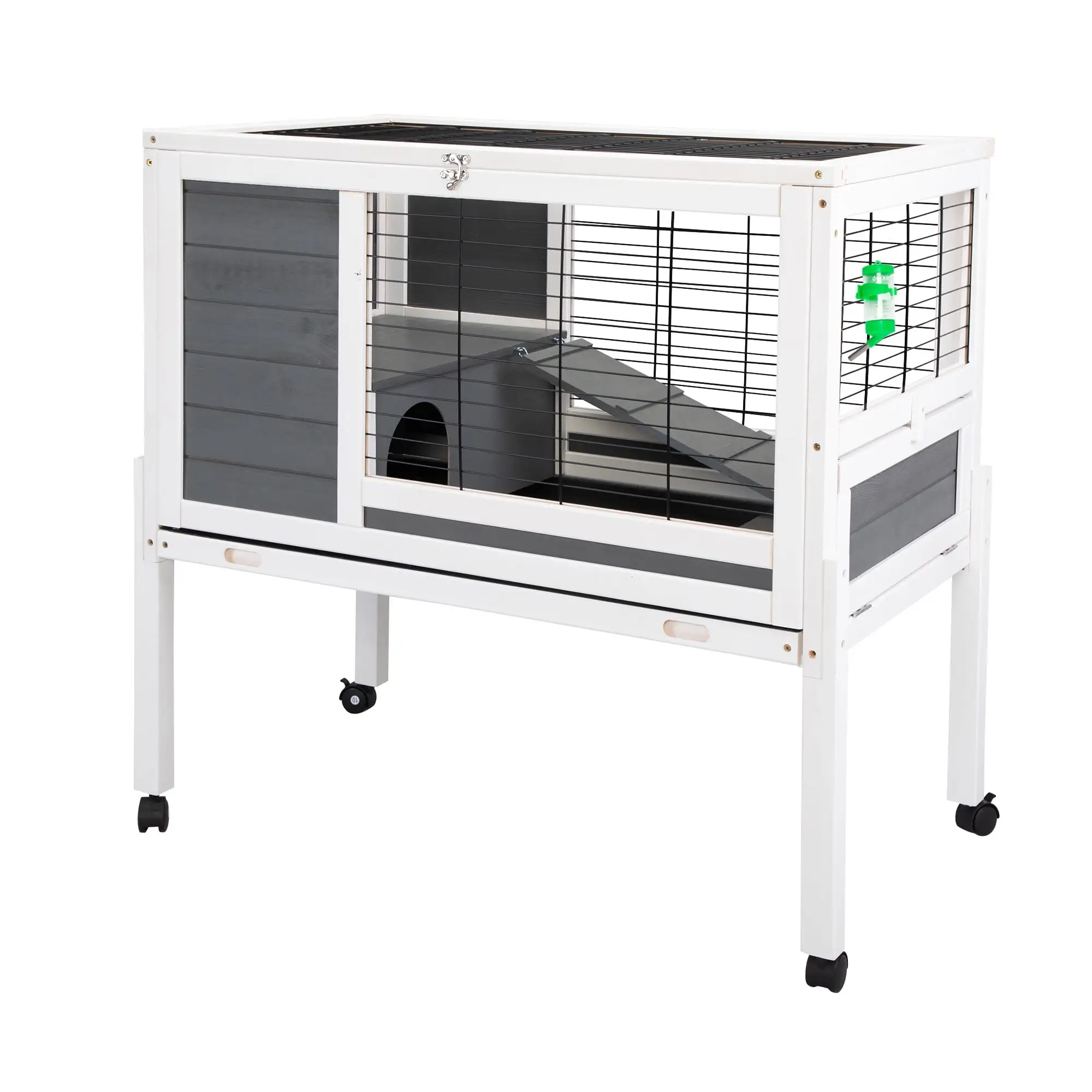 Pefilos 36 Wooden Guinea Pig House Rabbit Hutch for Indoor Bunny Cage with Wire Floor. Wheels. Leak-Proof Tray. Gray