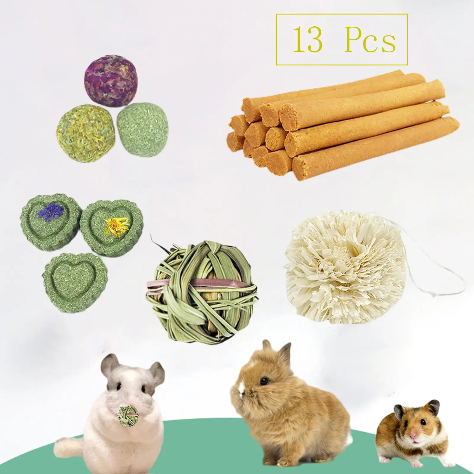 Visland 13Pcs/Set Rabbit Chew Toys. Small Animal Chew Treat - Teeth Grinding Toy. Natural Materials Handmade for Bunny/Chinchilla/Guinea Pig/Hamsters/Rat