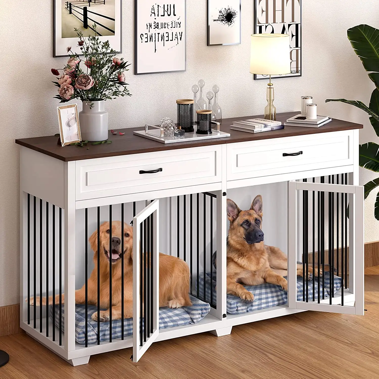 AIEGLE Large Dog Crate Furniture. Wooden Dog Crate Kennel with 2 Drawers and Divider. Heavy Duty Dog Crates Cage Furniture for Large Dog. White